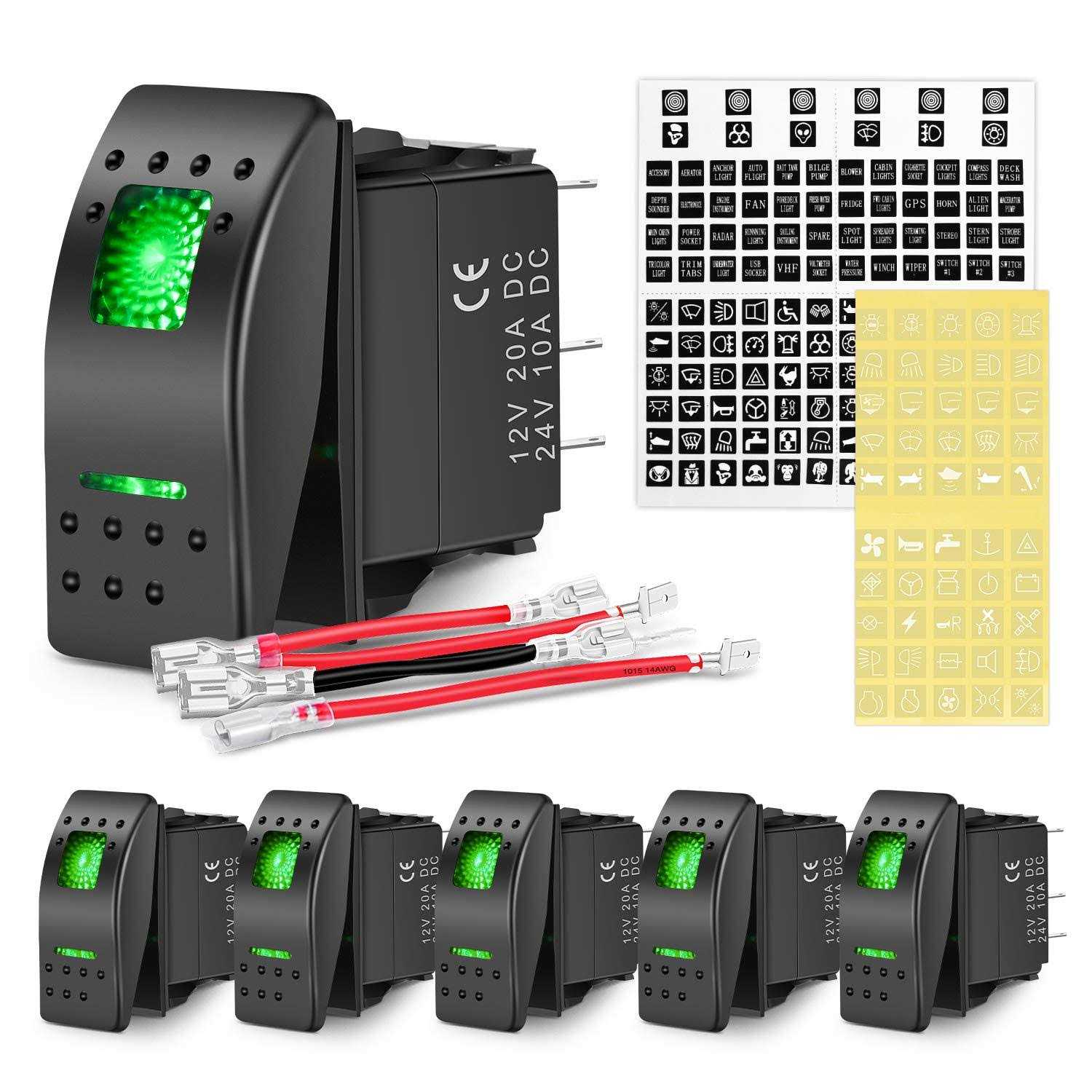 Nilight 6 Pack Rocker Switches with Night Glow Stickers 5 Pin SPST Rocker Switches - Inhomebuy