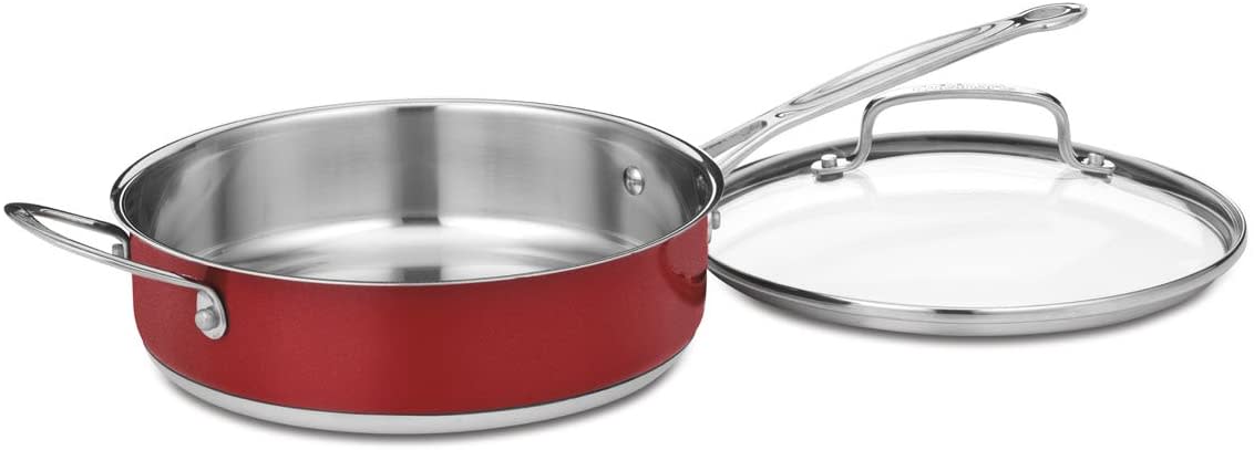Cuisinart Chef's Classic Saute Pan w/ helper handle & cover: 3-quart, s/s, metallic red | CS330-24HMR - Inhomebuy