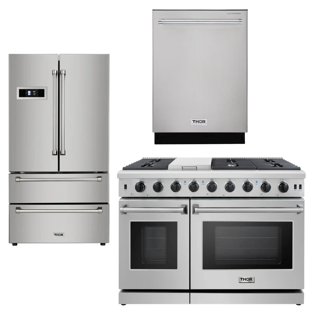 Thor Kitchen Appliance Bundle - 48 in. Gas Range, Dishwasher, Refrigerator - Stainless Steel, AB-LRG4807U-2 - Inhomebuy