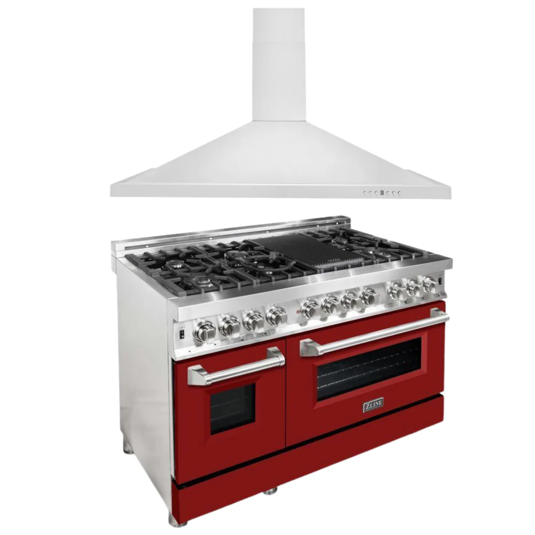 ZLINE 48 in. Dual Fuel Range with Red Matte Door & 48 in. Range Hood Appliance Package, 2KP-RARMRH48 - Inhomebuy
