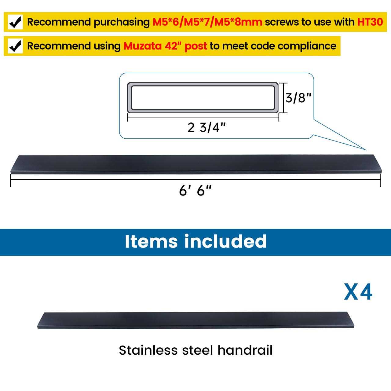 Muzata 6’6 Black Aluminum Flat Handrail HL10 BPA - Inhomebuy