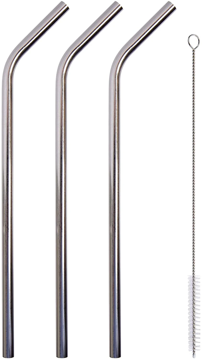 PURE 4-Piece Stainless Steel Reusable Straws with Cleaning Brush 10-inch, Silver - Inhomebuy