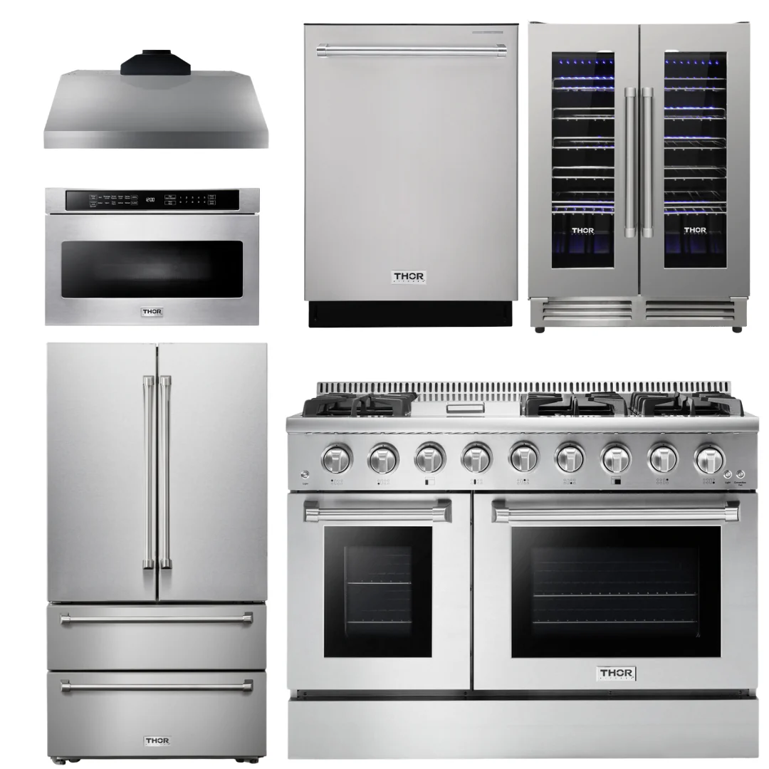 Thor Kitchen Package - 48 In. Gas Range, Range Hood, Refrigerator, Dishwasher, Microwave Drawer, Wine Cooler, AP-HRG4808U-20 - Inhomebuy