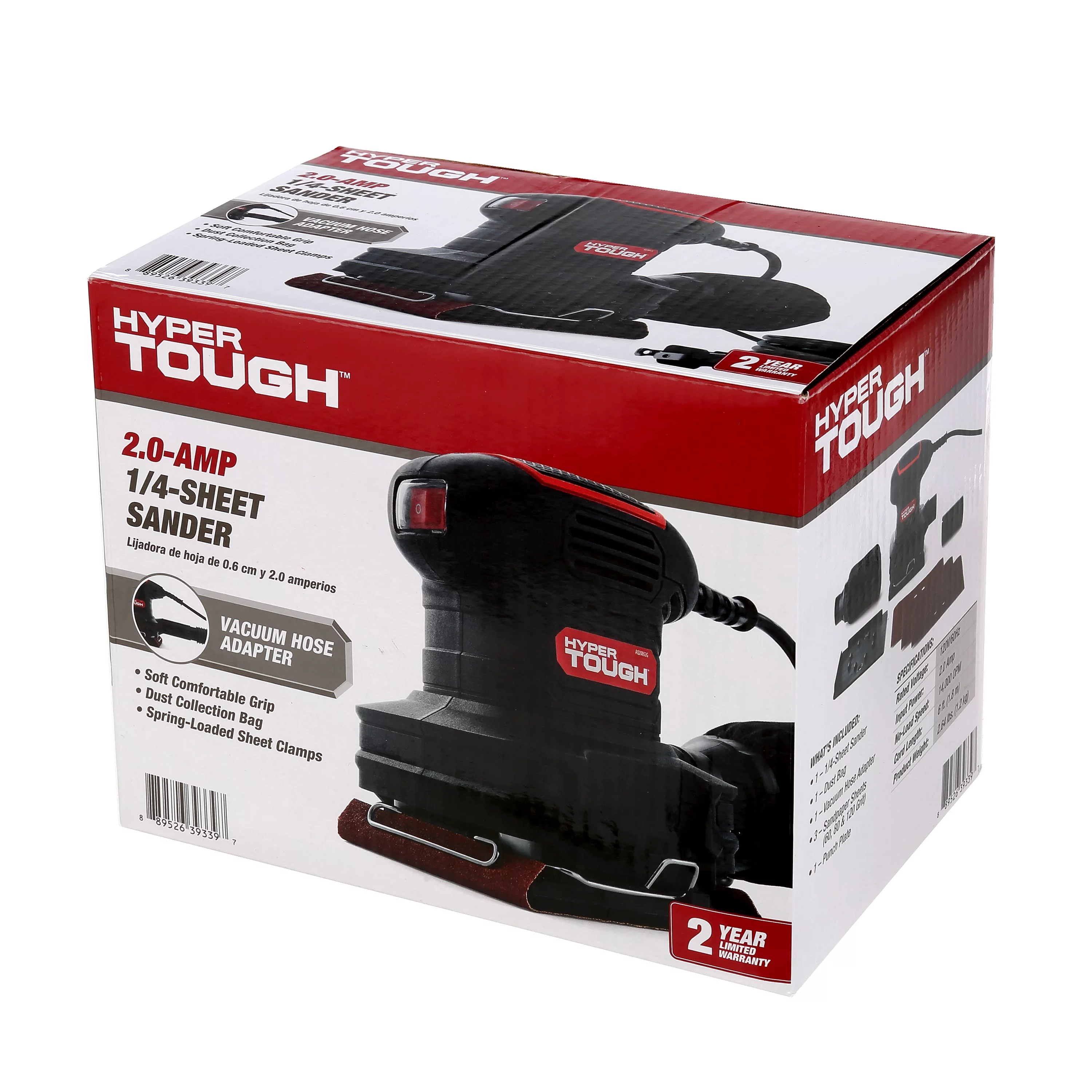Hyper Tough 2 Amp Corded 1/4 Sheet Palm Sander with Dust Bag, Vacuum Hose Adapter, Punch Plate & 3 Sanding Sheets (60, 80 & 120 Grit) - Inhomebuy