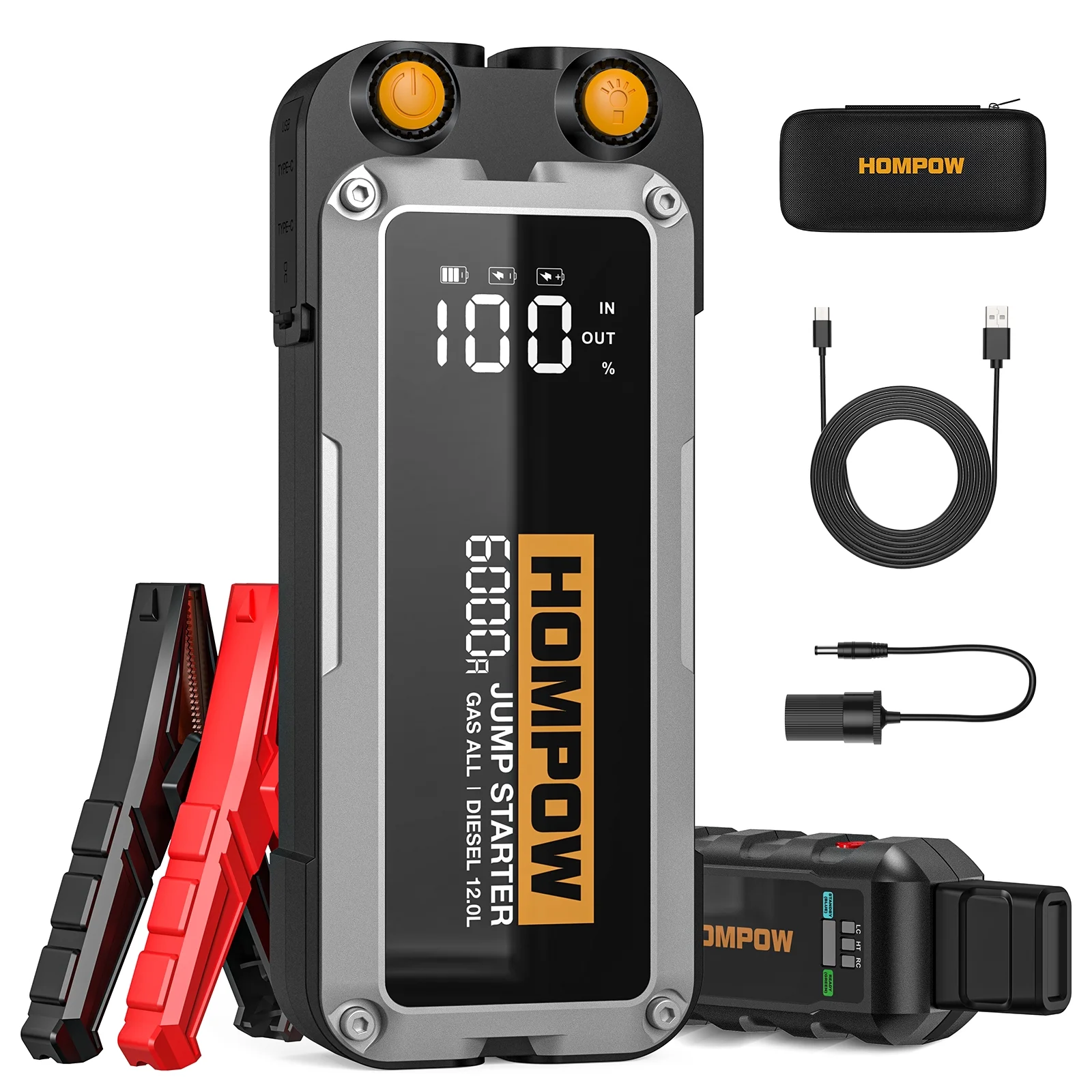 HOMPOW Jump Starter 6000A 28000mAh Peak for All Gas and up to 12L Diesel Engine, Portable Car Battery Charger Jump Box with LCD Screen, LED Light ,Type-C Fast Charging - Inhomebuy