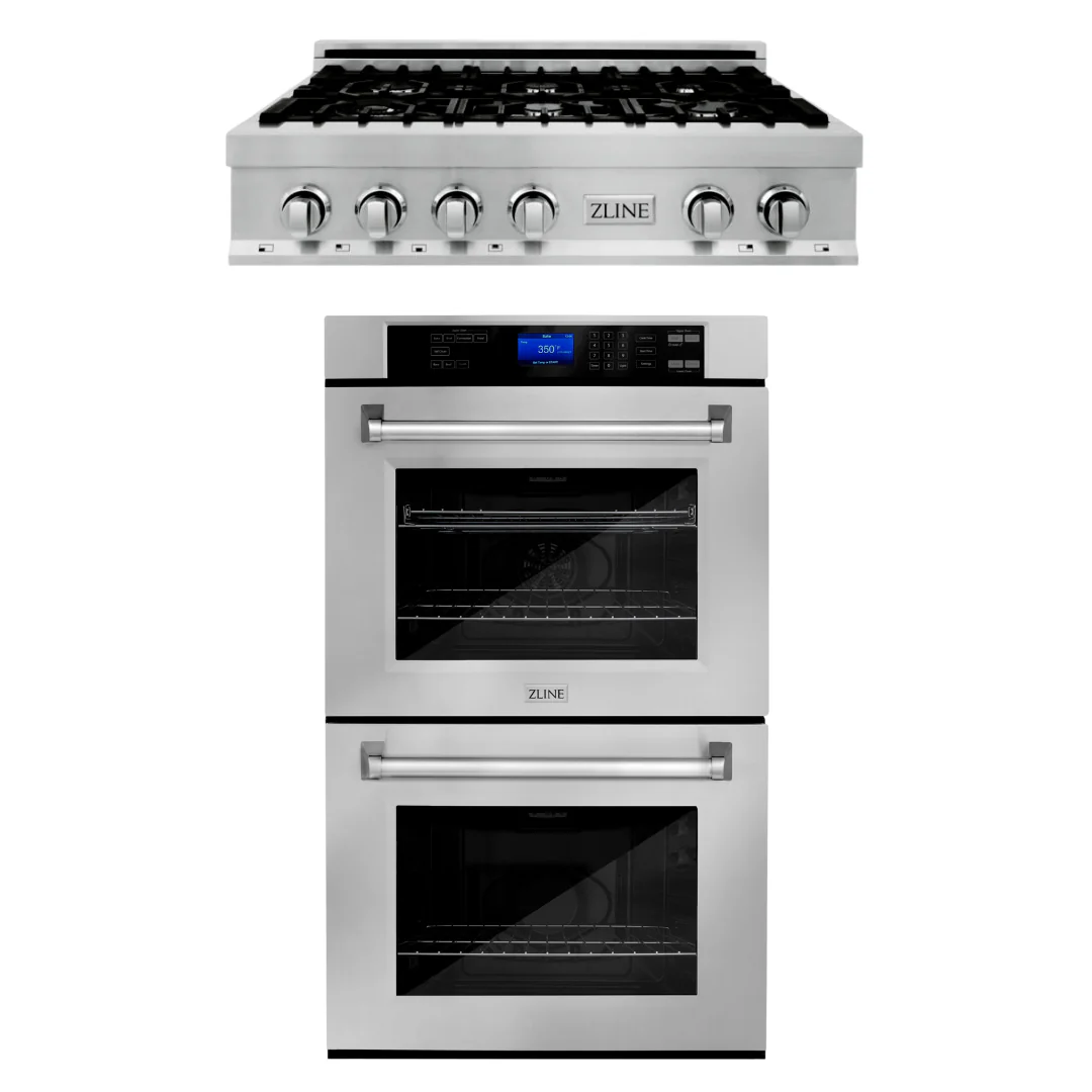 ZLINE Kitchen Appliance Package with 36 in. Stainless Steel Rangetop and 30 in. Double Wall Oven, 2KP-RTAWD36 - Inhomebuy