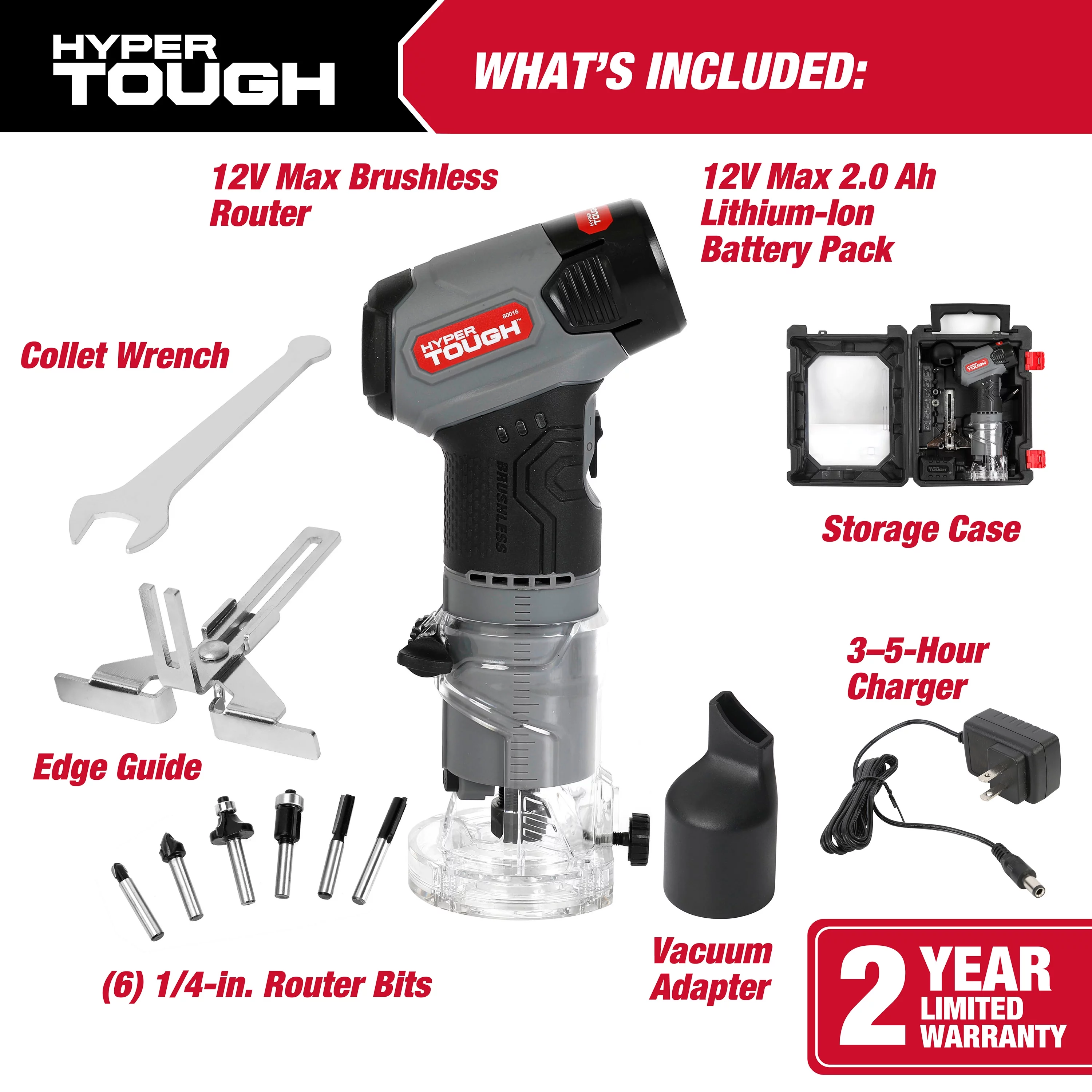 Hyper Tough 12V Max Lithium-Ion Brushless Palm Edge Router with 1.5Ah Battery and Charger, 80016 - Inhomebuy