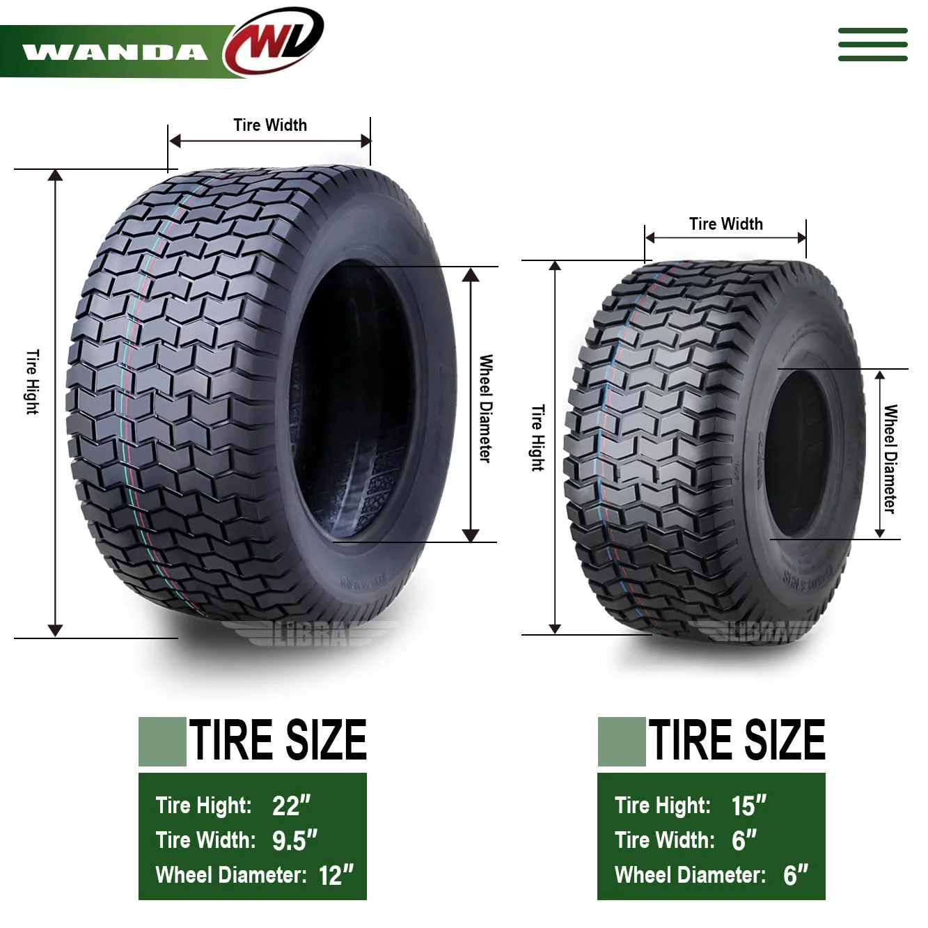WANDA 15X6-6 & 20X8-8 Lawn Mower Tractor Cart Turf Tires 4 Ply-13114/13131, Set 4 - Inhomebuy