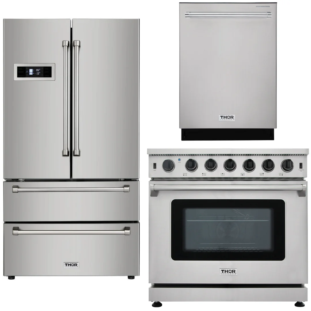 Thor Kitchen Appliance Bundle - 36 in. Gas Range, Refrigerator, Dishwasher, AP-LRG3601U-2 - Inhomebuy