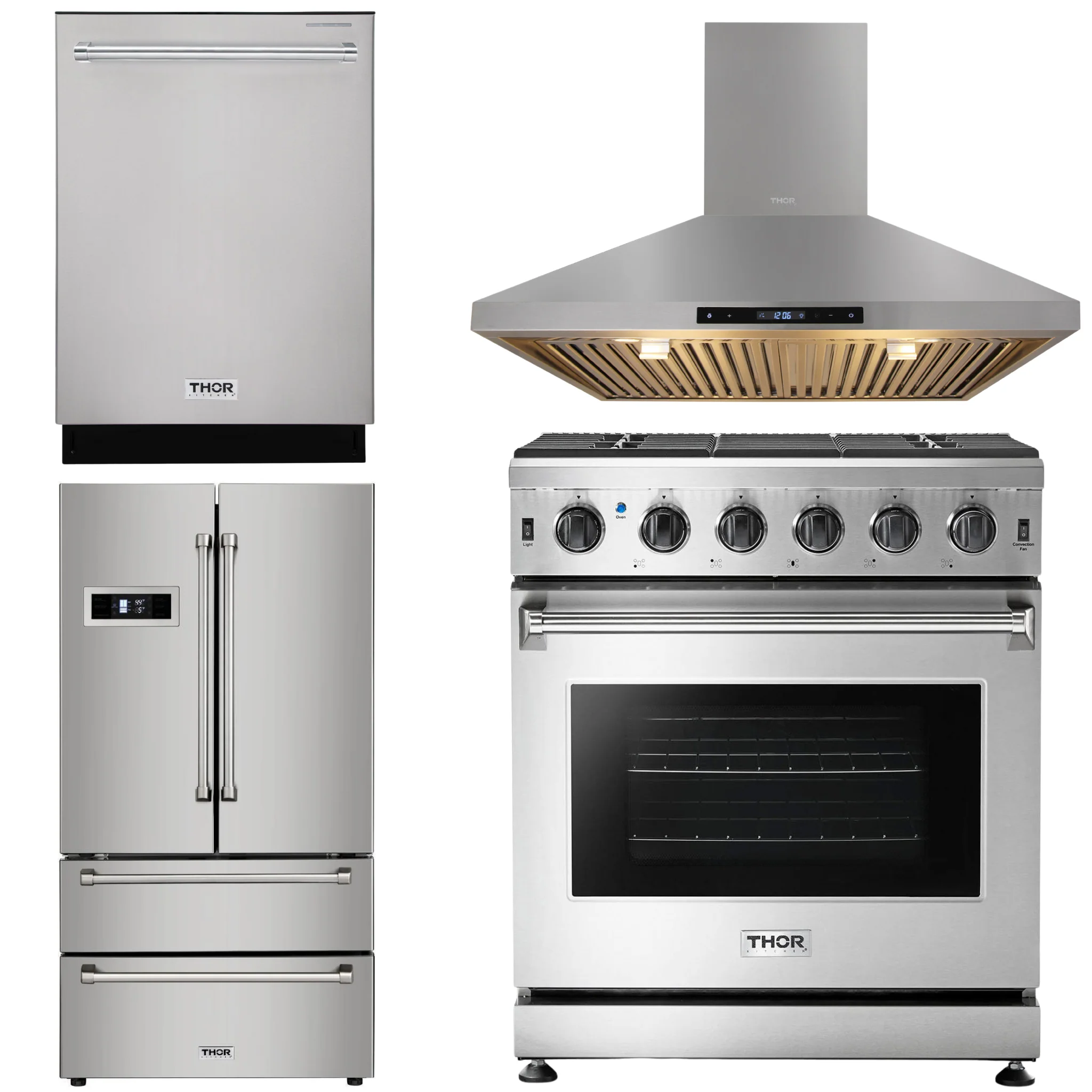 Thor Kitchen Appliance Bundle - 30 in. Natural Gas Range, Range Hood, Refrigerator, Dishwasher, AB-LRG3001U-3 - Inhomebuy