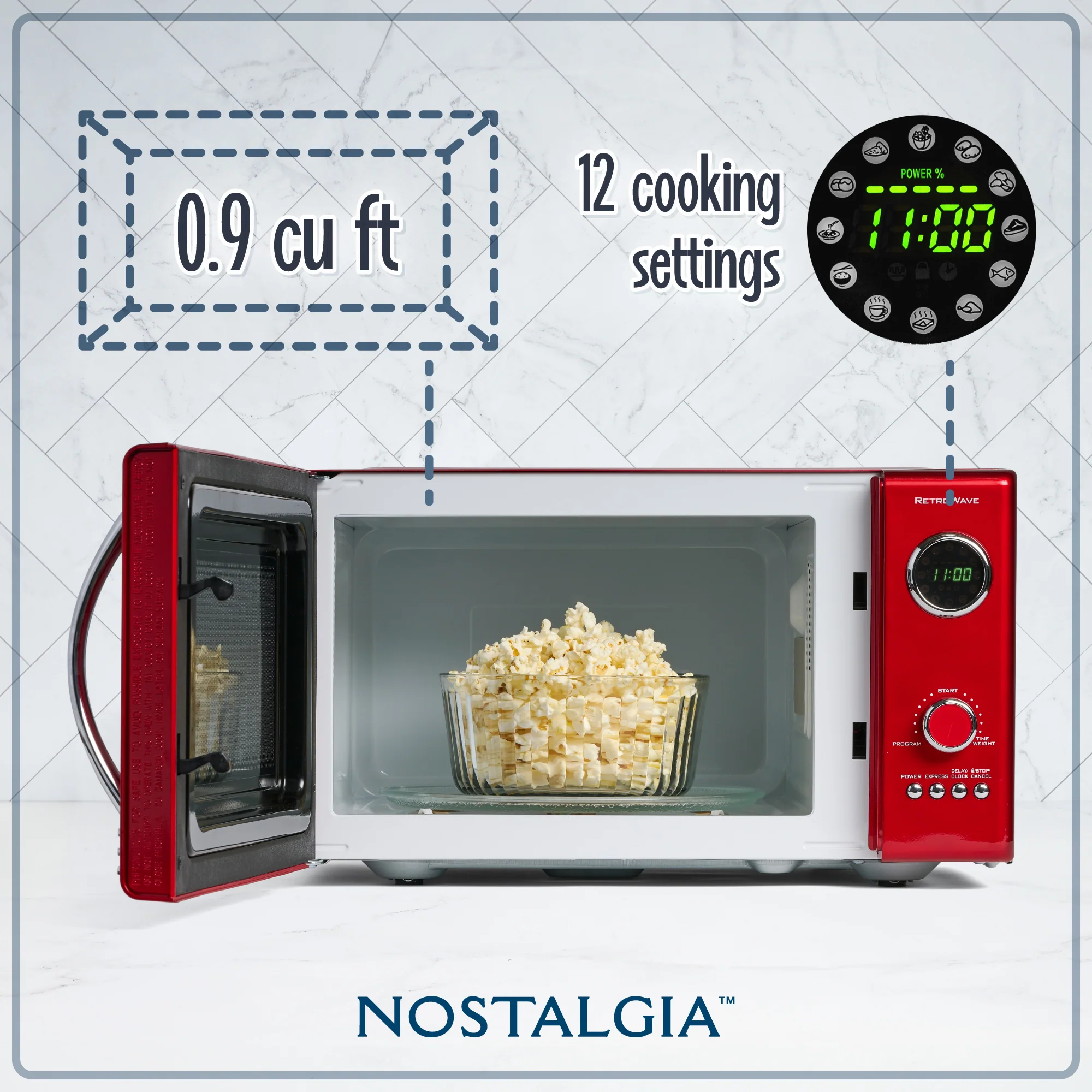 Retro 0.9 Cubic Foot 800-Watt Countertop Microwave Oven - Retro Red - Inhomebuy