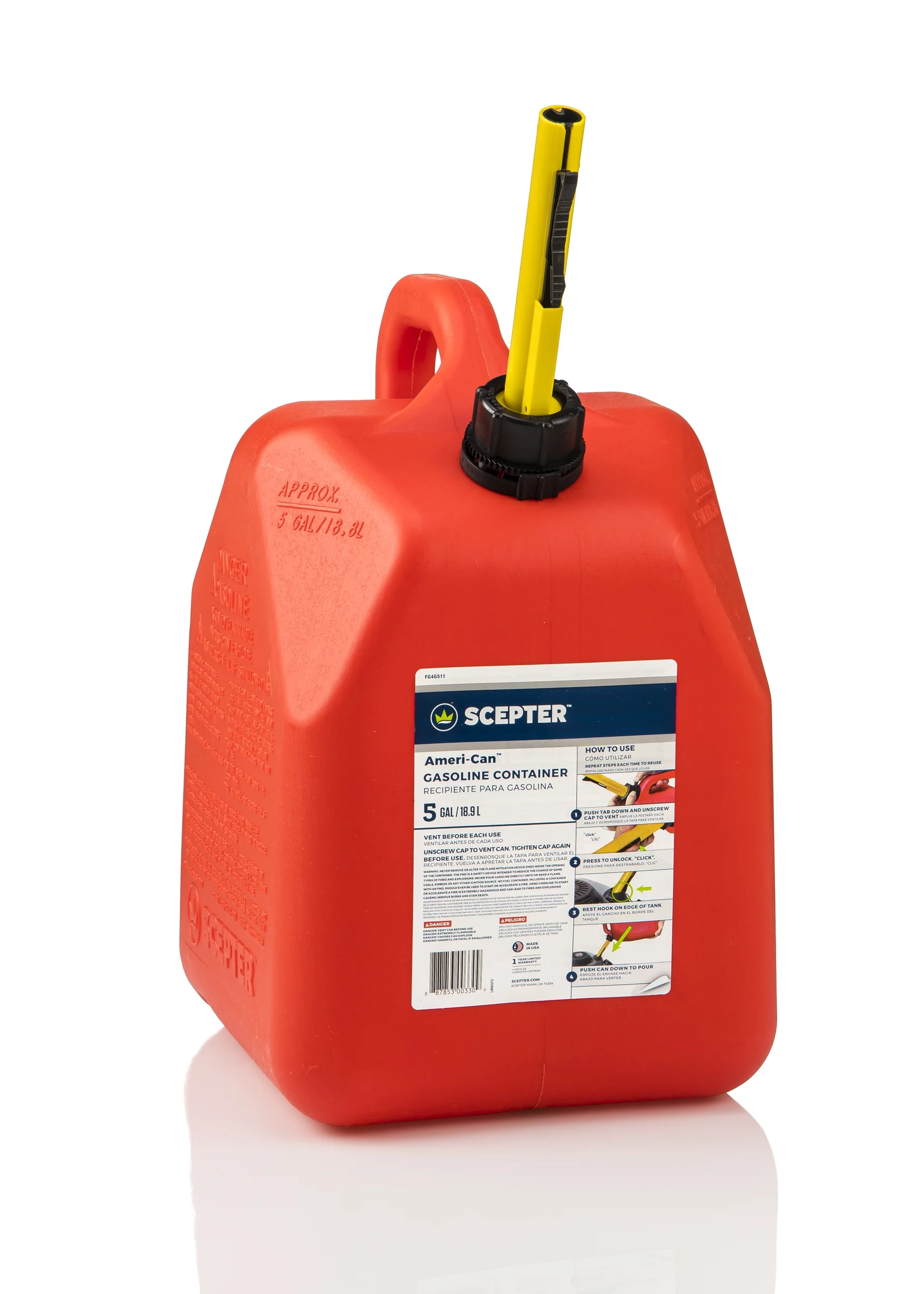 Scepter Ameri-Can Gasoline Can 5 Gallon Volume Capacity, FG4G511, Red Gas Can Fuel Container - Inhomebuy