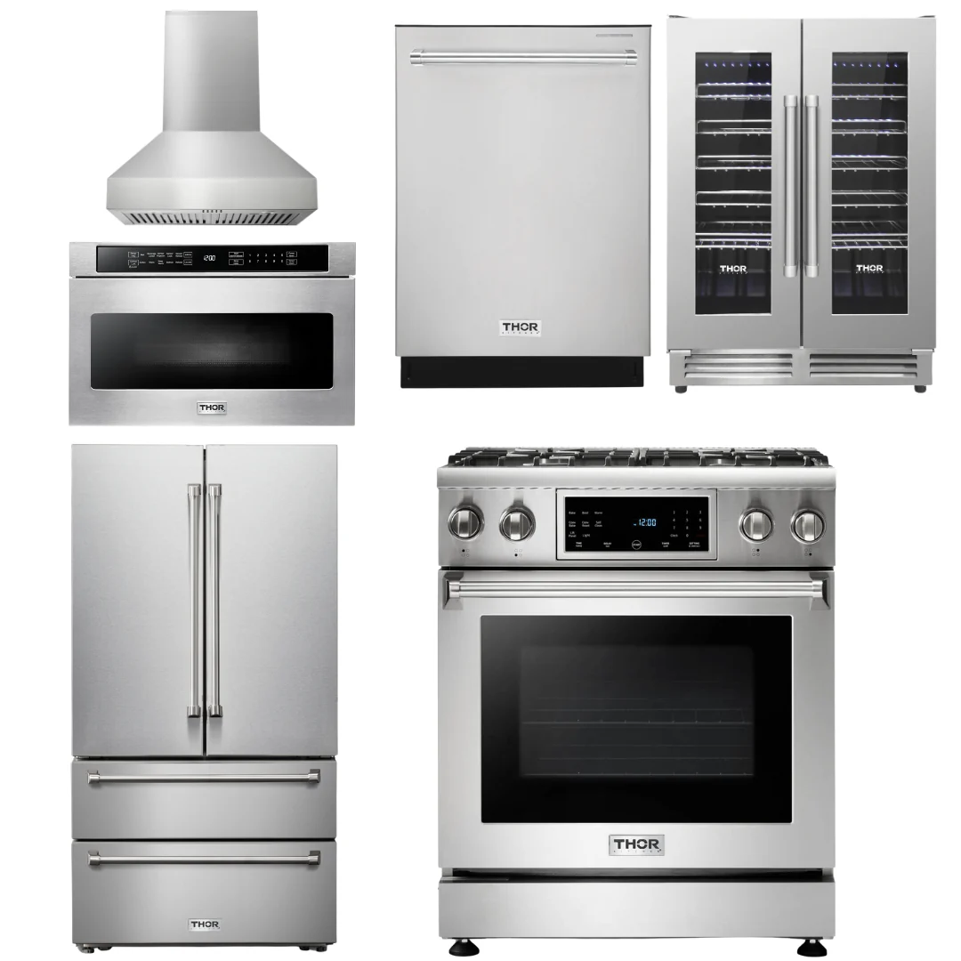 Thor Kitchen Package - 30 In. Propane Gas Range, Range Hood, Microwave Drawer, Refrigerator, Dishwasher, Wine Cooler, AP-TRG3001LP-W-6 - Inhomebuy