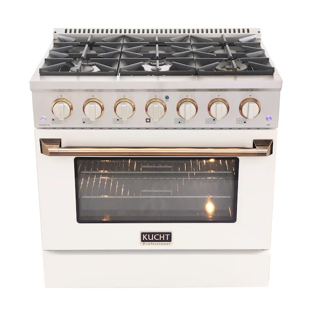 Kucht Signature 36 In. 5.2 cu ft. Natural Gas Range with White Door and Gold Accents, KNG361-W-GOLD - Inhomebuy