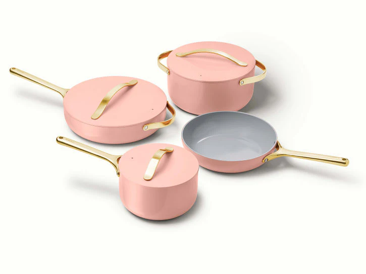 Caraway Non-Toxic and Non-Stick Cookware Set in Rose Quartz with Gold Handles - Inhomebuy