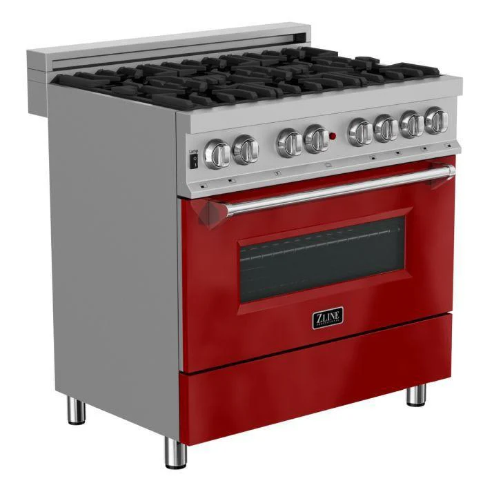ZLINE Kitchen and Bath 36 in. Professional Gas Burner/Electric Oven in DuraSnow® Stainless with Red Gloss Door, RAS-RG-36 - Inhomebuy