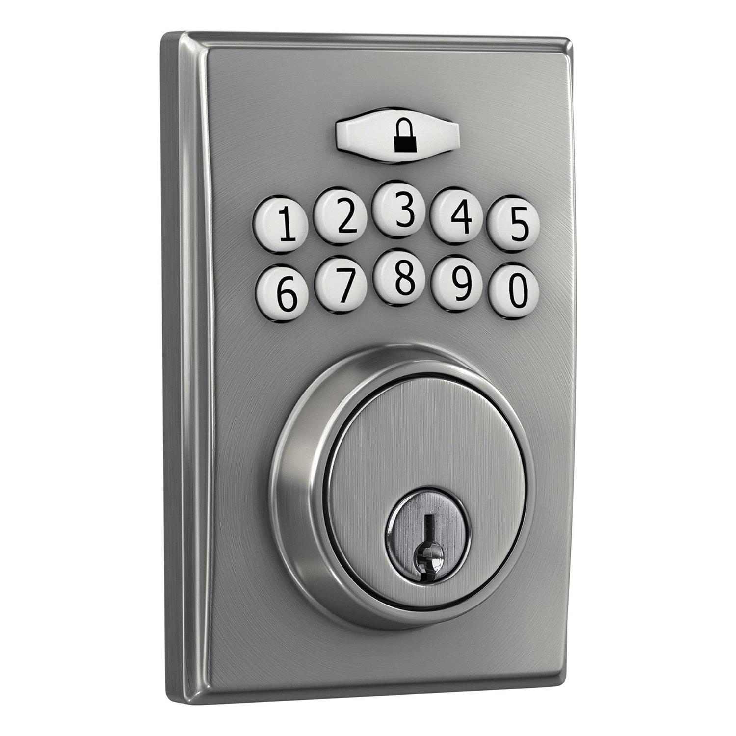 First Secure by Schlage Presley Keypad Electronic Door Lever Lock with Truss Trim in Satin Stainless Steel for Interior or Exterior Door - Inhomebuy