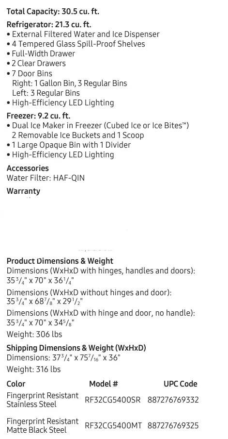 SAMSUNG 36 IN. 30.5 CU. FT. MATTE BLACK STEEL 3 DOOR FRENCH DOOR REFRIGERATOR WITH DUAL AUTO ICE MAK - Inhomebuy