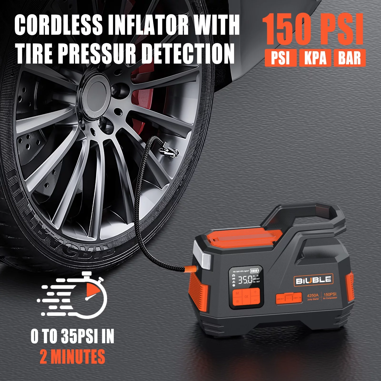 Biuble Car Jump Starter with Air Compressor, 4500A Peak 26800mAh 12V Auto with 150PSI Tire Inflator(up to All Gas or 10.0L Diesel Engine) - Inhomebuy
