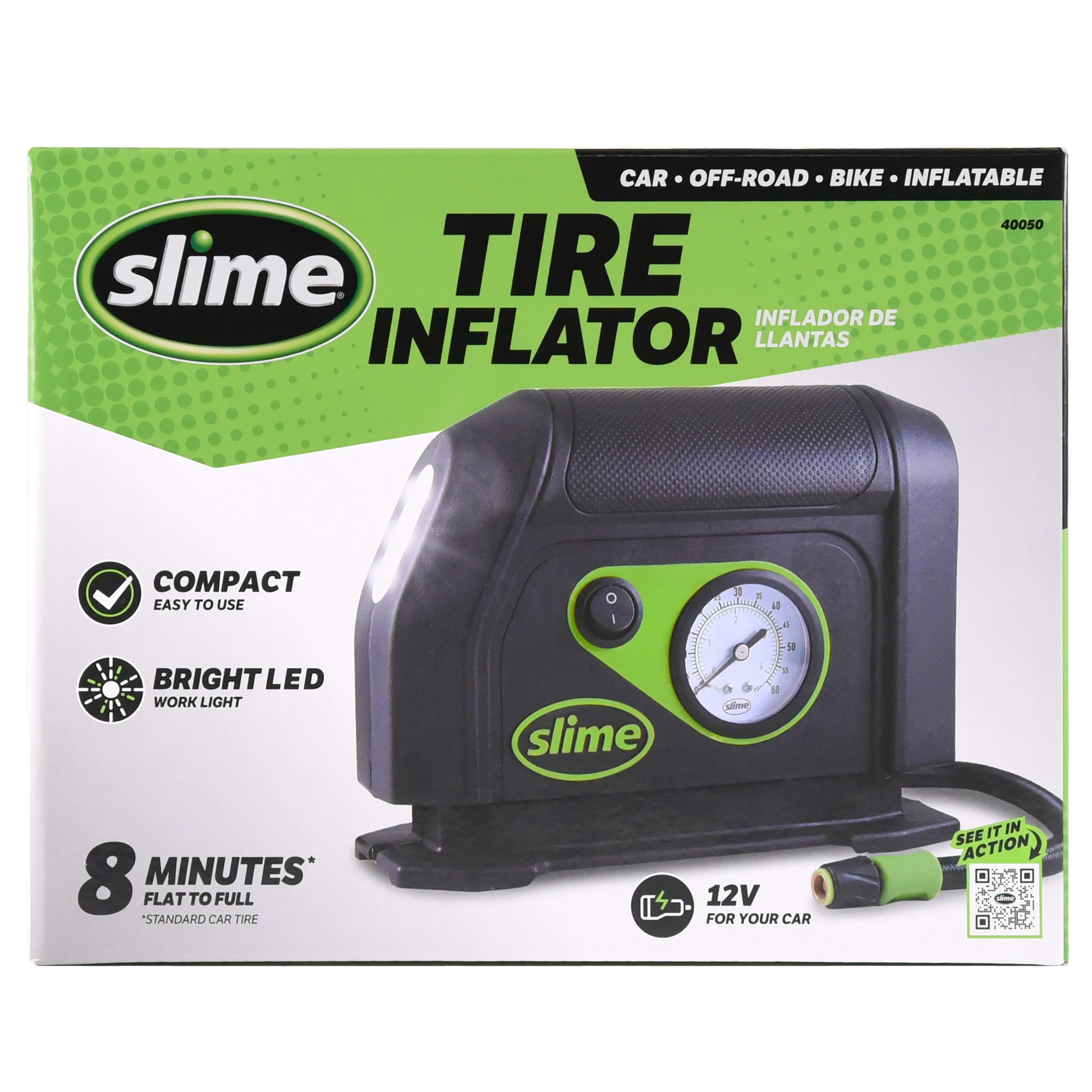 Slime Tire Inflator, Portable Car Air Compressor, 100 Psi Dial Gauge, 8 min Inflation - 40050w - Inhomebuy