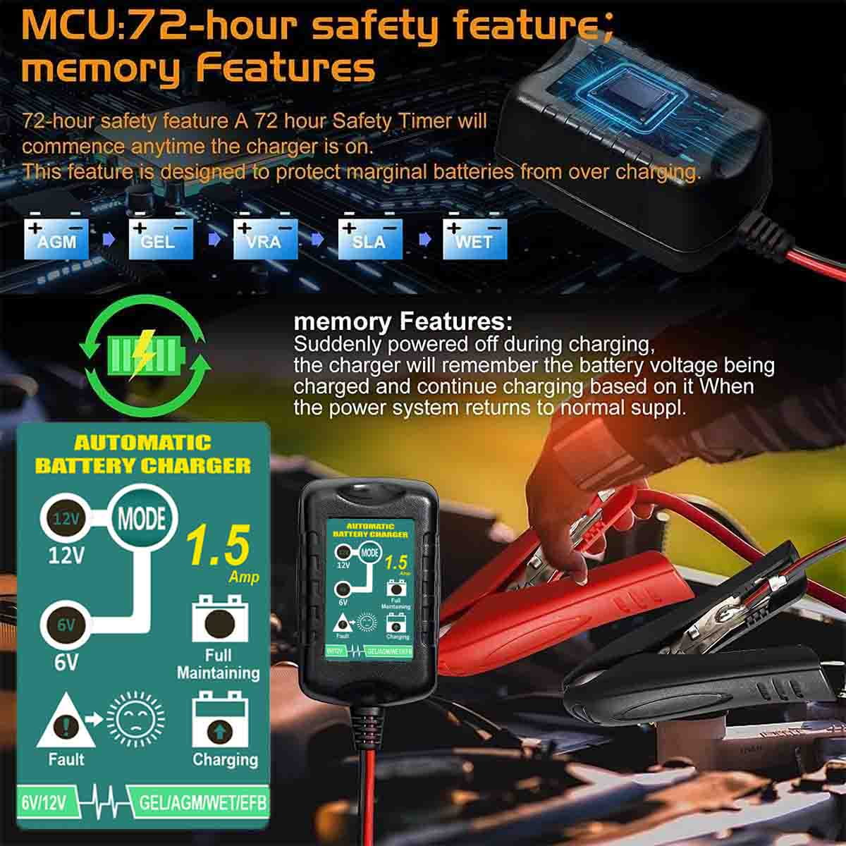Automatic Battery Charger Motorcycle Trickle Float Maintainer 12V 6V 800mA - Inhomebuy