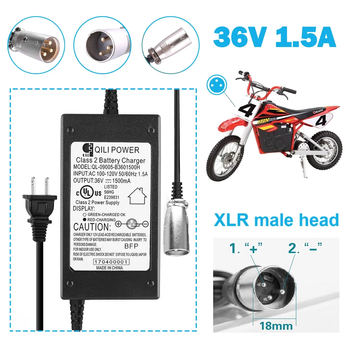 LotFancy 36V 1.5A Battery Charger for Razor MX500, MX650, GT GT750, IZIP I600, I750, I1000 - Inhomebuy