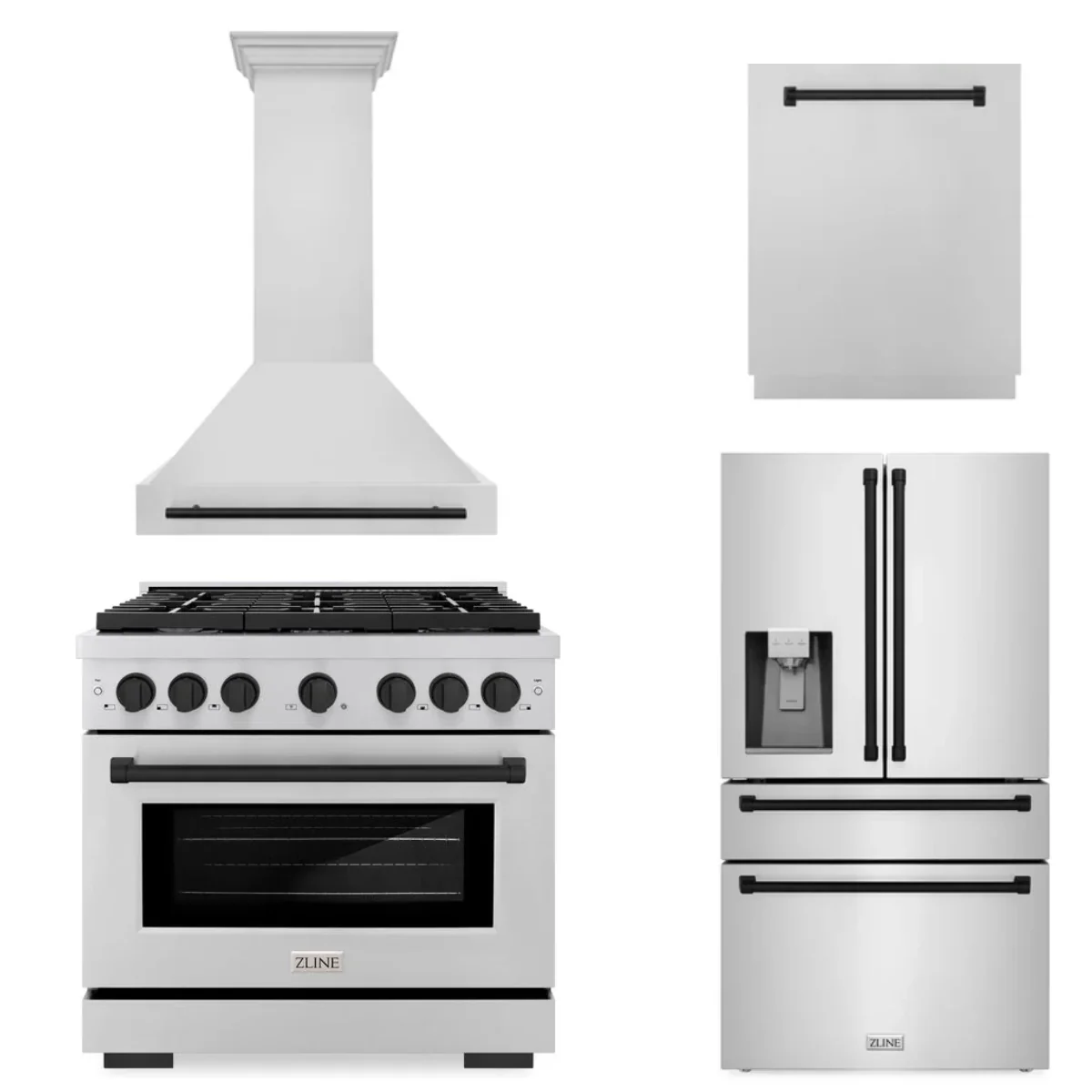 ZLINE Autograph Package - 36 In. Gas Range, Range Hood, Refrigerator, and Dishwasher in Stainless Steel with Matte Black Accents, 4AKPR-RGRHDWM36-MB - Inhomebuy