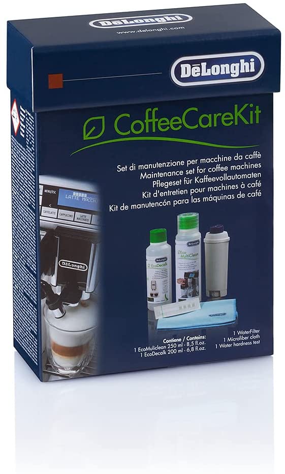 DeLonghi: DLSC306 Coffee Care Kit: includes 1 Water Filter, 1 EcoDecalk 200ml (2 doses), 1 Multiclean 250ml, Microfiber Cleaning Cloth & 1 Water Hardness Testing Kit - Inhomebuy