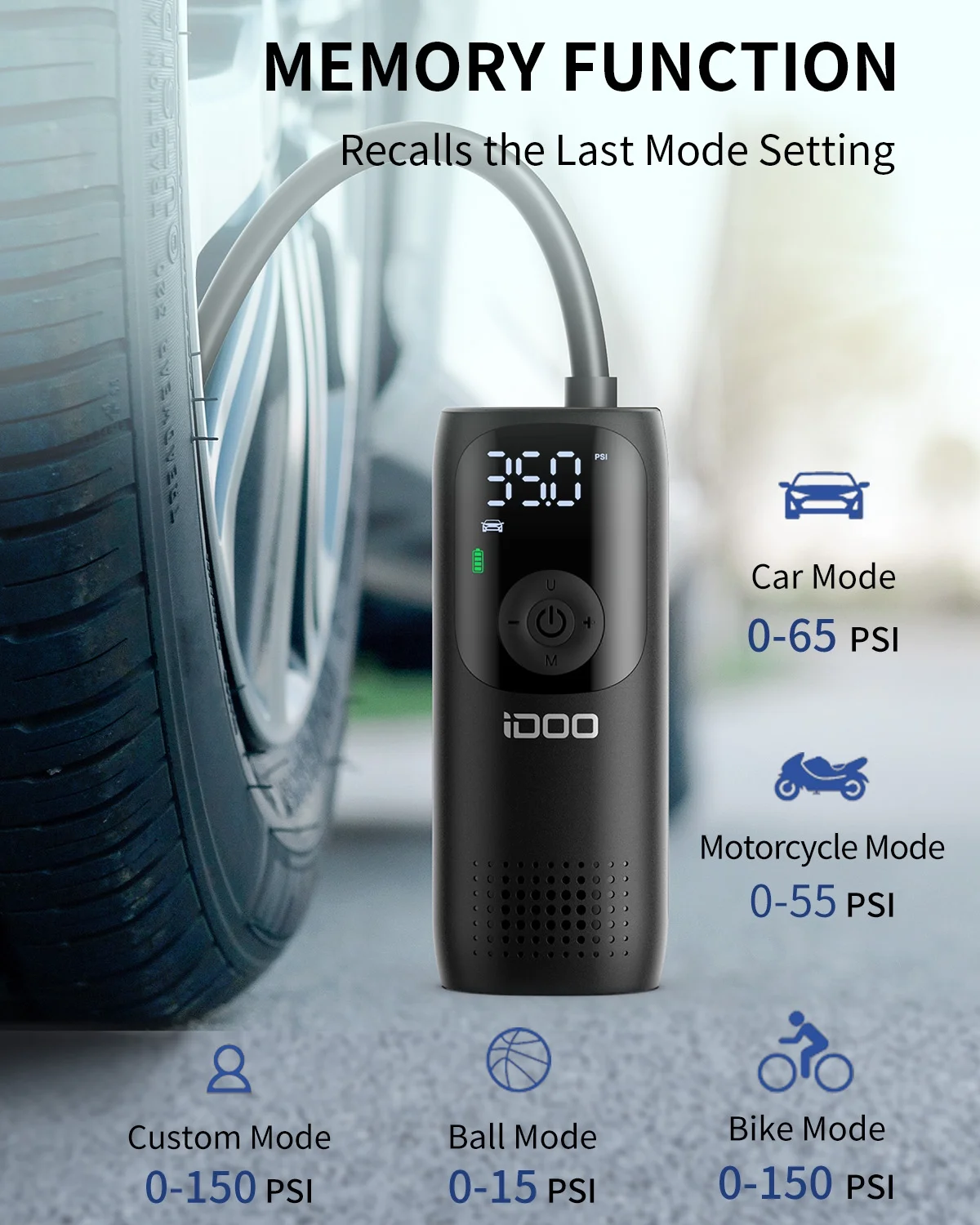 iDOO 150PSI Cordless Tire Inflator 4000mAh Portable Air Compressor Fits Car/Bicycle/Motorcycle Tires Balls - Inhomebuy
