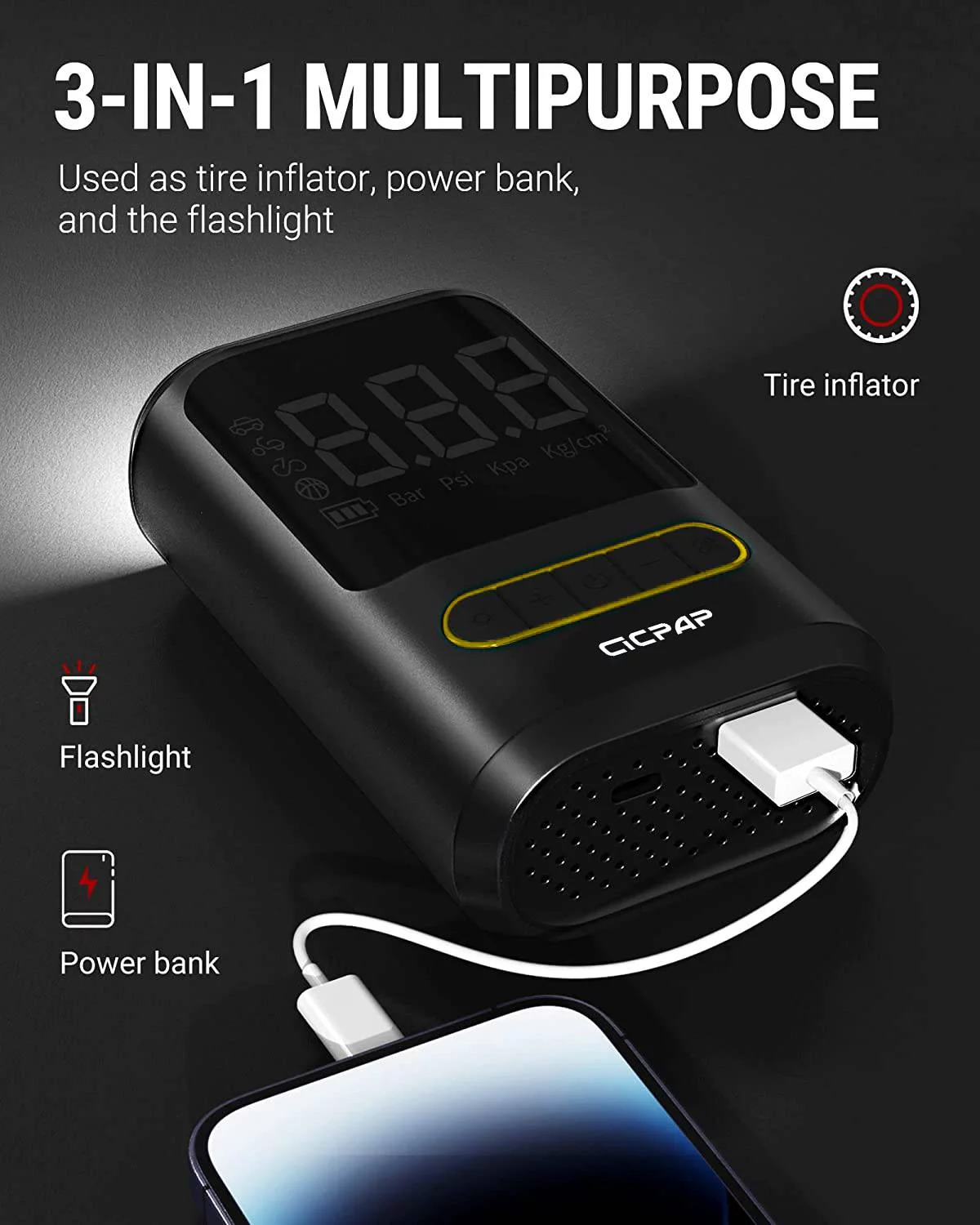 Tire Inflator Portable Air Compressor, CICPAP 150PSI Cordless Air Pump for Car Tires, Balls, Inflatables - Multipurpose Car Accessory, Auto Tire Pump with Digital Pressure Gauge - Inhomebuy