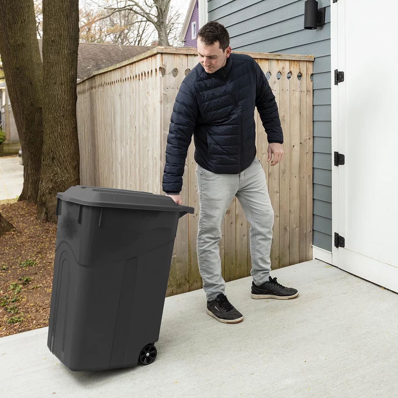 Hyper Tough 45 Gallon Wheeled Heavy Duty Plastic Garbage Can, Attached Lid, Black - Inhomebuy