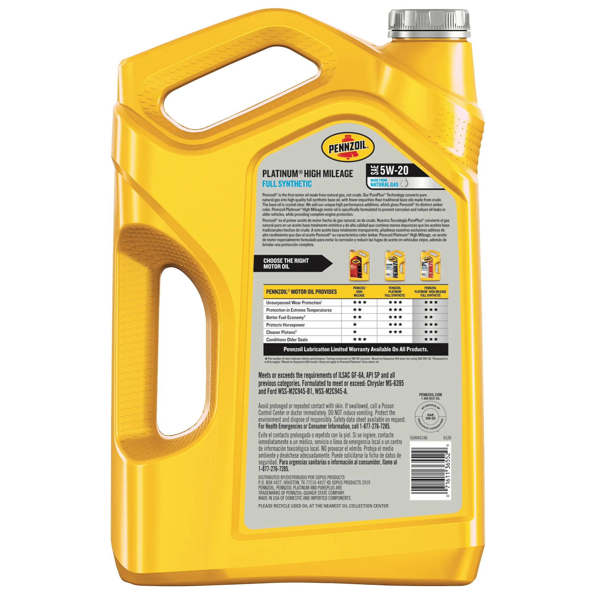 Pennzoil Platinum Full Synthetic High Mileage 5W-20 Motor Oil, 5 Quart - Inhomebuy
