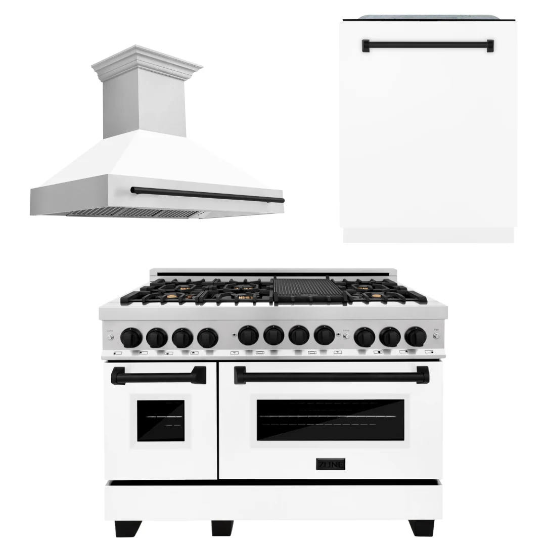 ZLINE Autograph Package - 48 In. Gas Range, Range Hood, Dishwasher in White Matte with Matte Black Accents, 3AKP-RGWMRHDWM48-MB - Inhomebuy