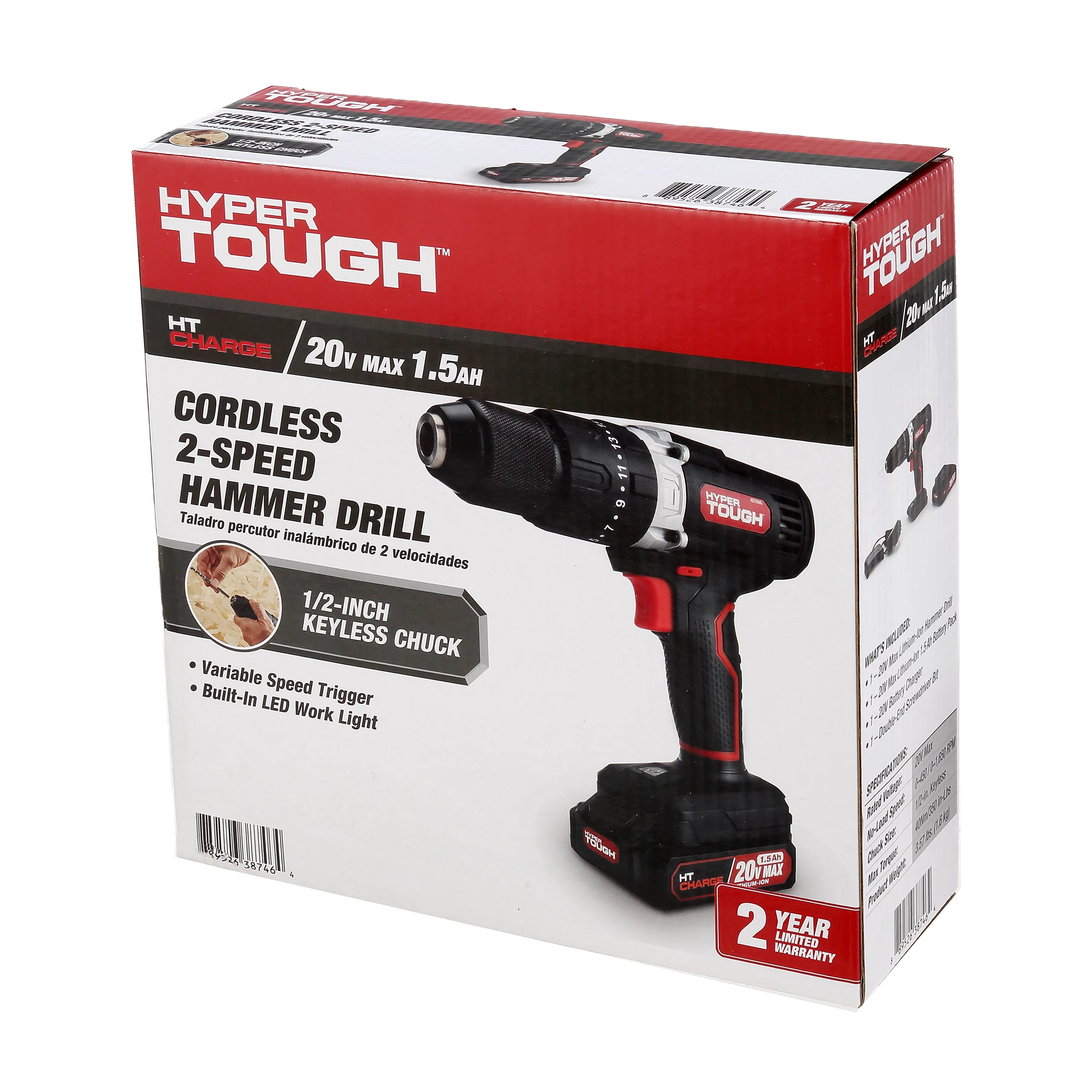 Hyper Tough 20V Max Lithium-Ion Cordless Hammer Drill, 1/2 inch Chuck, 2 Speeds with 1.5Ah Lithium-ion Battery & Charger, Bit Holder & LED Light - Inhomebuy