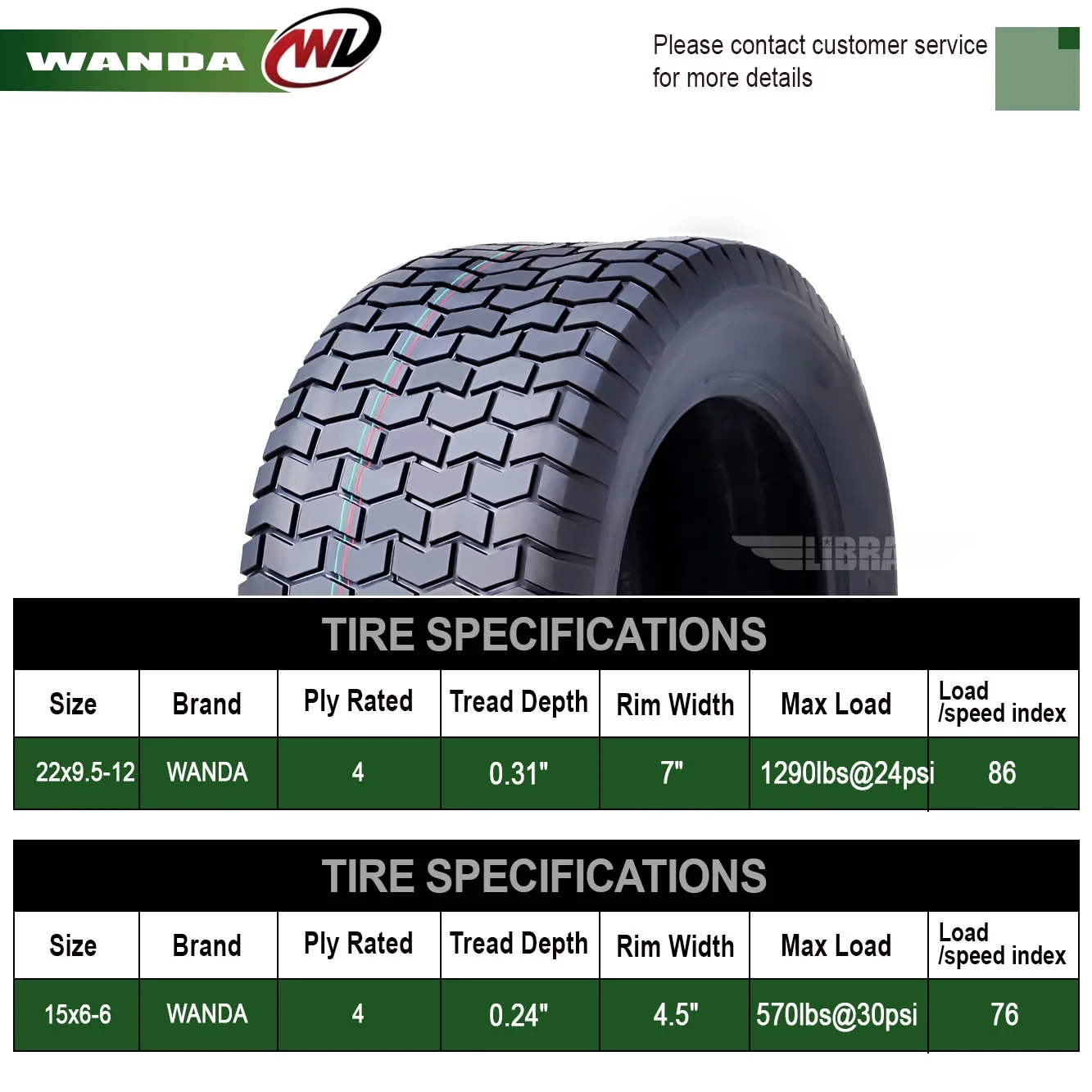 WANDA 15X6-6 & 22X9.5-12 Lawn Mower Tractor Cart Turf Tires 4 Ply-13114/13135, Set 4 - Inhomebuy