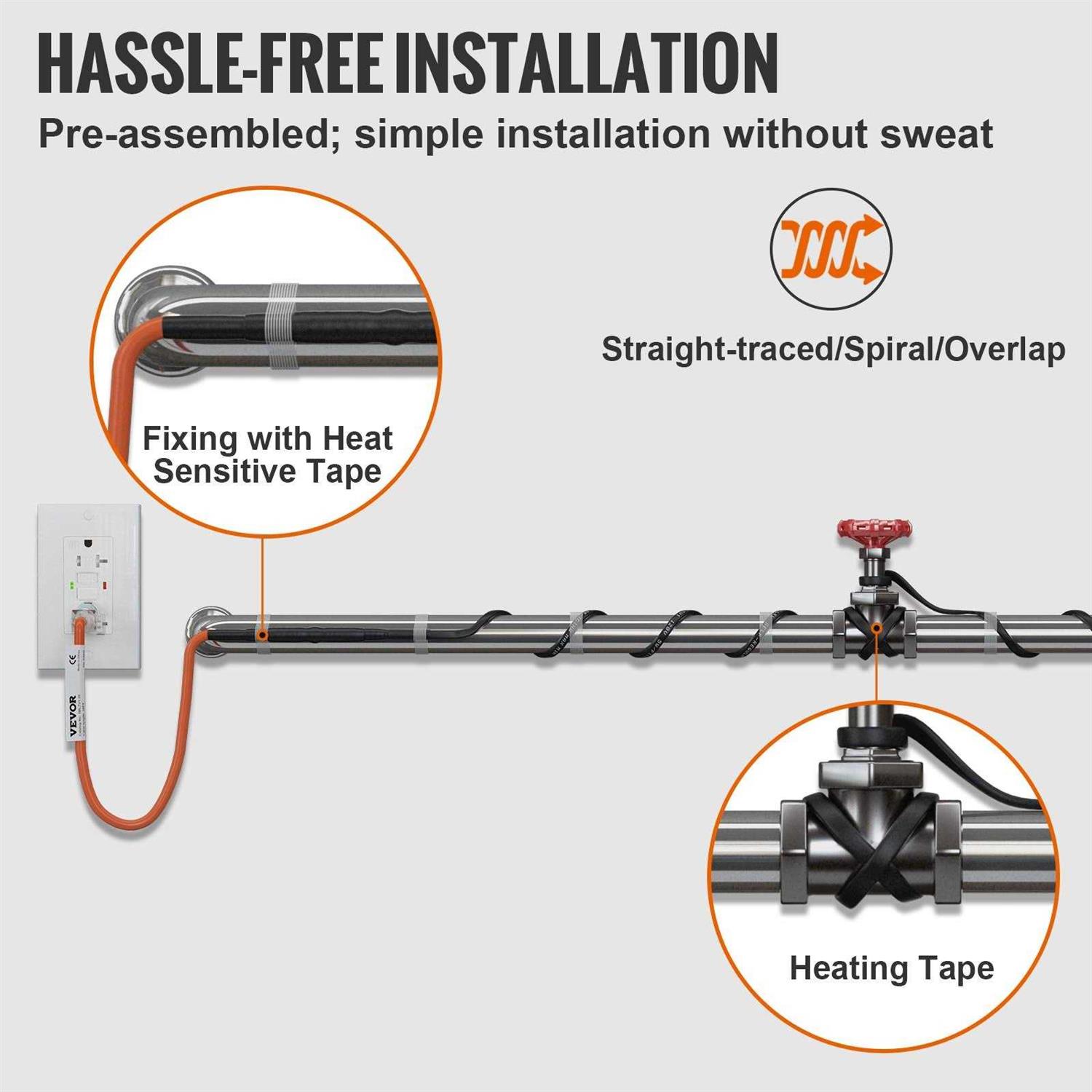 VEVOR Self-Regulating Pipe Heating Cable 5W/ft Heat Tape for Pipes Freeze Protection, Protects PVC Hose, Metal and Plastic Pipe from - Inhomebuy