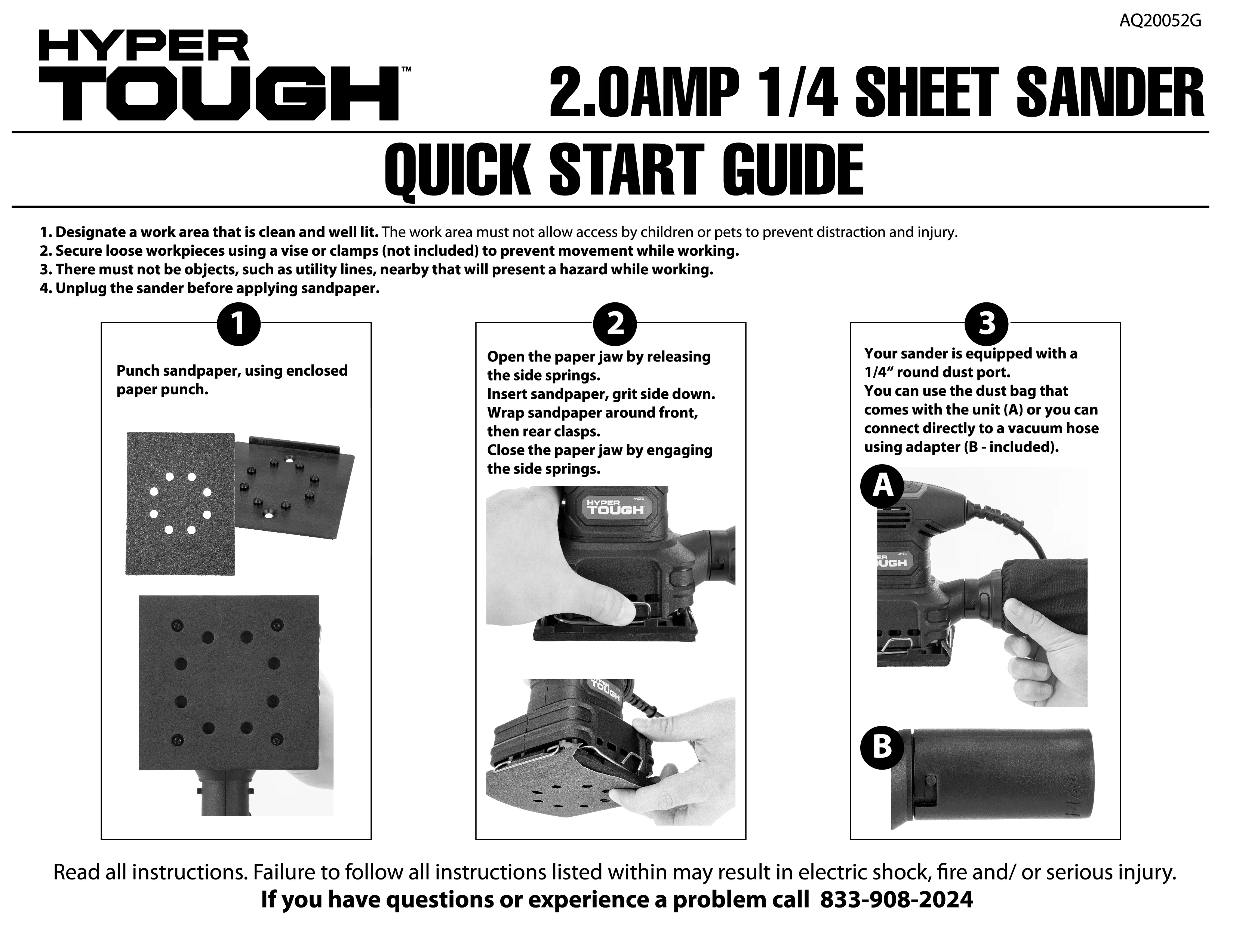 Hyper Tough 2 Amp Corded 1/4 Sheet Palm Sander with Dust Bag, Vacuum Hose Adapter, Punch Plate & 3 Sanding Sheets (60, 80 & 120 Grit) - Inhomebuy