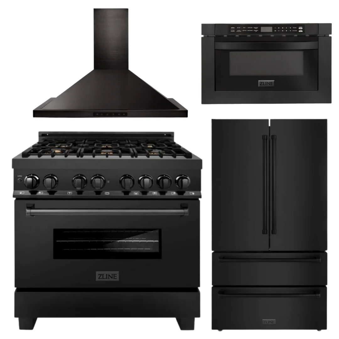 ZLINE Appliance Bundle - 36 in. Dual Fuel Range, Range Hood, Microwave Drawer, Refrigerator in Black Stainless, Bundle-4KPR-RABRH36-MW - Inhomebuy
