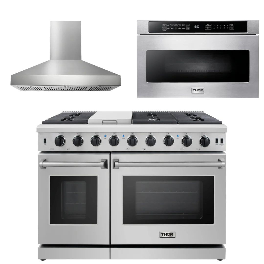 Thor Kitchen Bundle - 48 in. Propane Gas Range, Range Hood, Microwave Drawer, AB-LRG4807ULP-W-4 - Inhomebuy