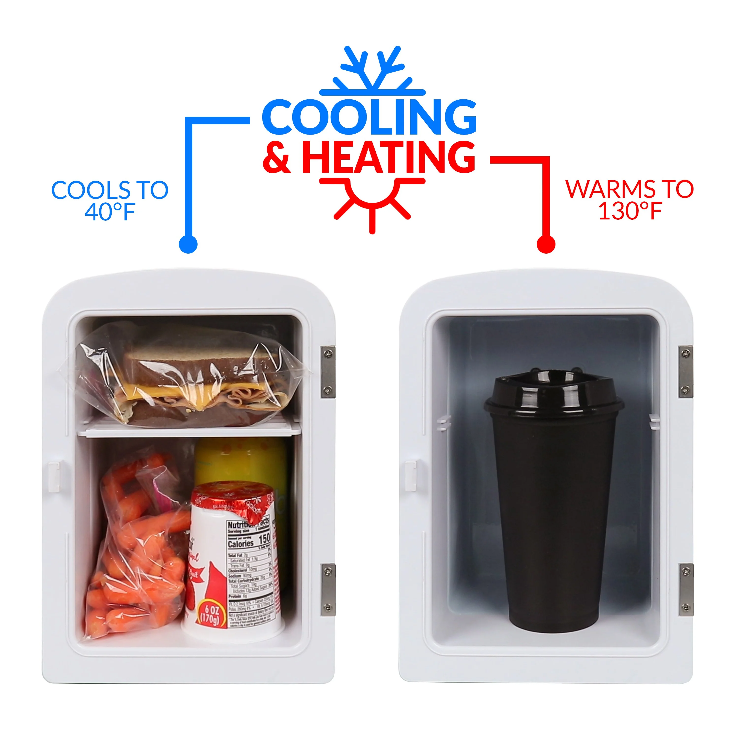 Retro 6-Can Personal Cooling and Heating Refrigerator with Display Window, Dry Erase Door and Carry Handle, Black - Inhomebuy