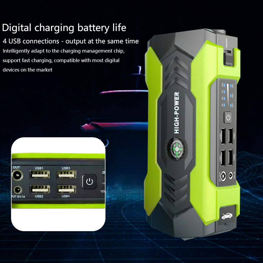 FIEWESEY Portable 12V Car Jump Starter Portable USB Power Bank Battery Booster Clamp 600A (Green) - Inhomebuy