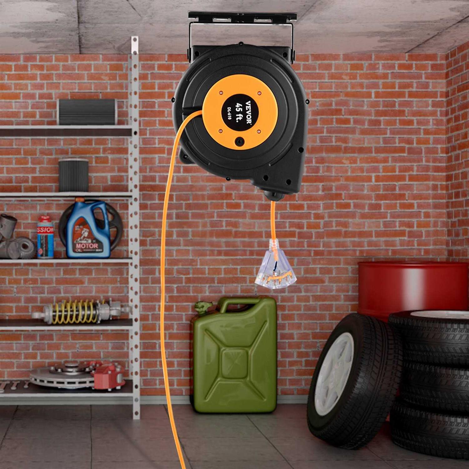 VEVOR Retractable Extension Cord Reel 30 Ft Heavy Duty 16AWG/3C Sjtow Power Cord with Lighted Triple Tap Outlet 10 Amp Circuit Breaker for Ceiling - Inhomebuy