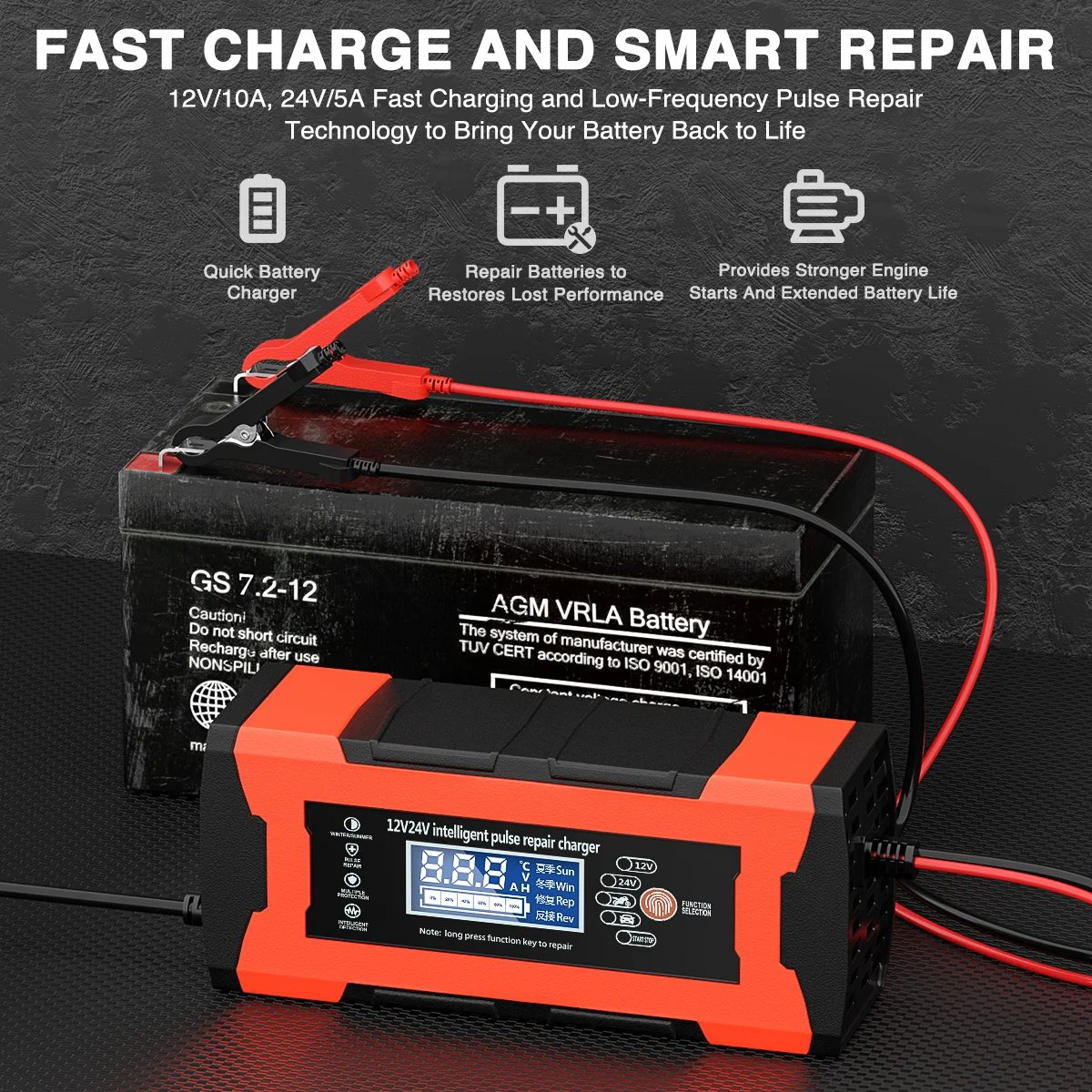 12V/10A 24V/5A Car Battery Charger, Battery Maintainer with LCD Display, Fully-Auto Smart Pulse Repair Charger, Maintainer Trickle Charger for Car Truck Motorcycle Lawn Mower Boat Lead Acid Battery - Inhomebuy