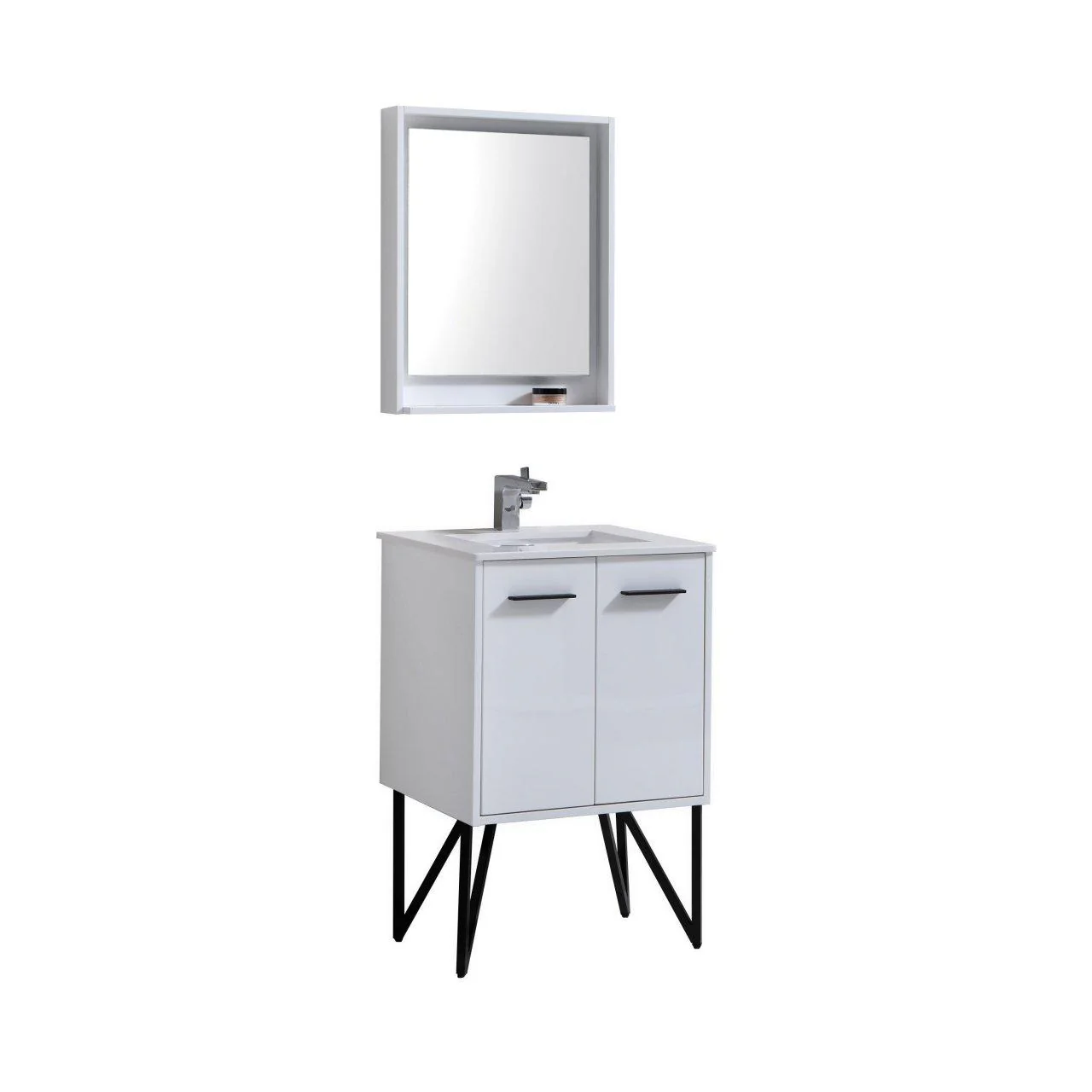 Bosco 24 in. Modern Bathroom Vanity w/ White Countertop and Matching Mirror - High Gloss White - Inhomebuy