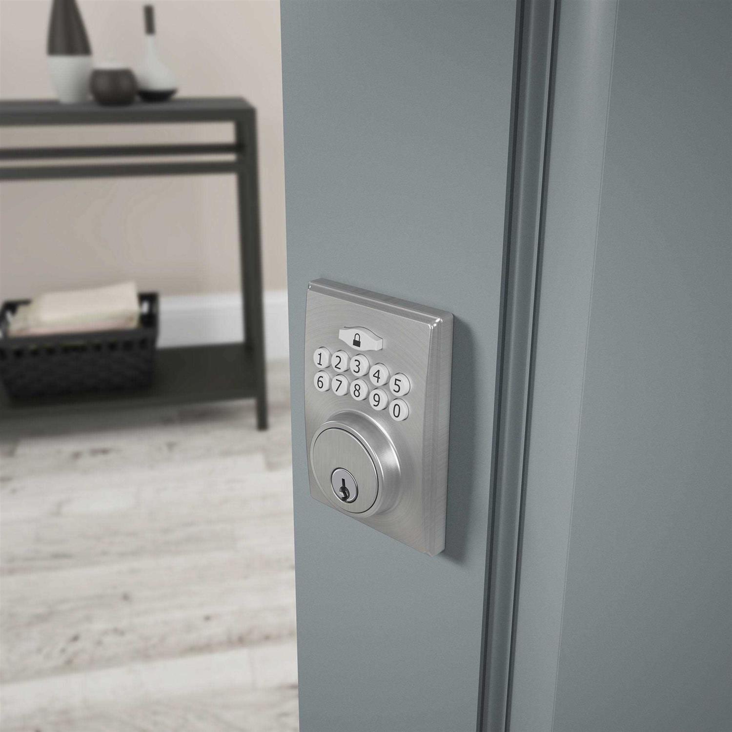 First Secure by Schlage Presley Keypad Electronic Door Lever Lock with Truss Trim in Satin Stainless Steel for Interior or Exterior Door - Inhomebuy
