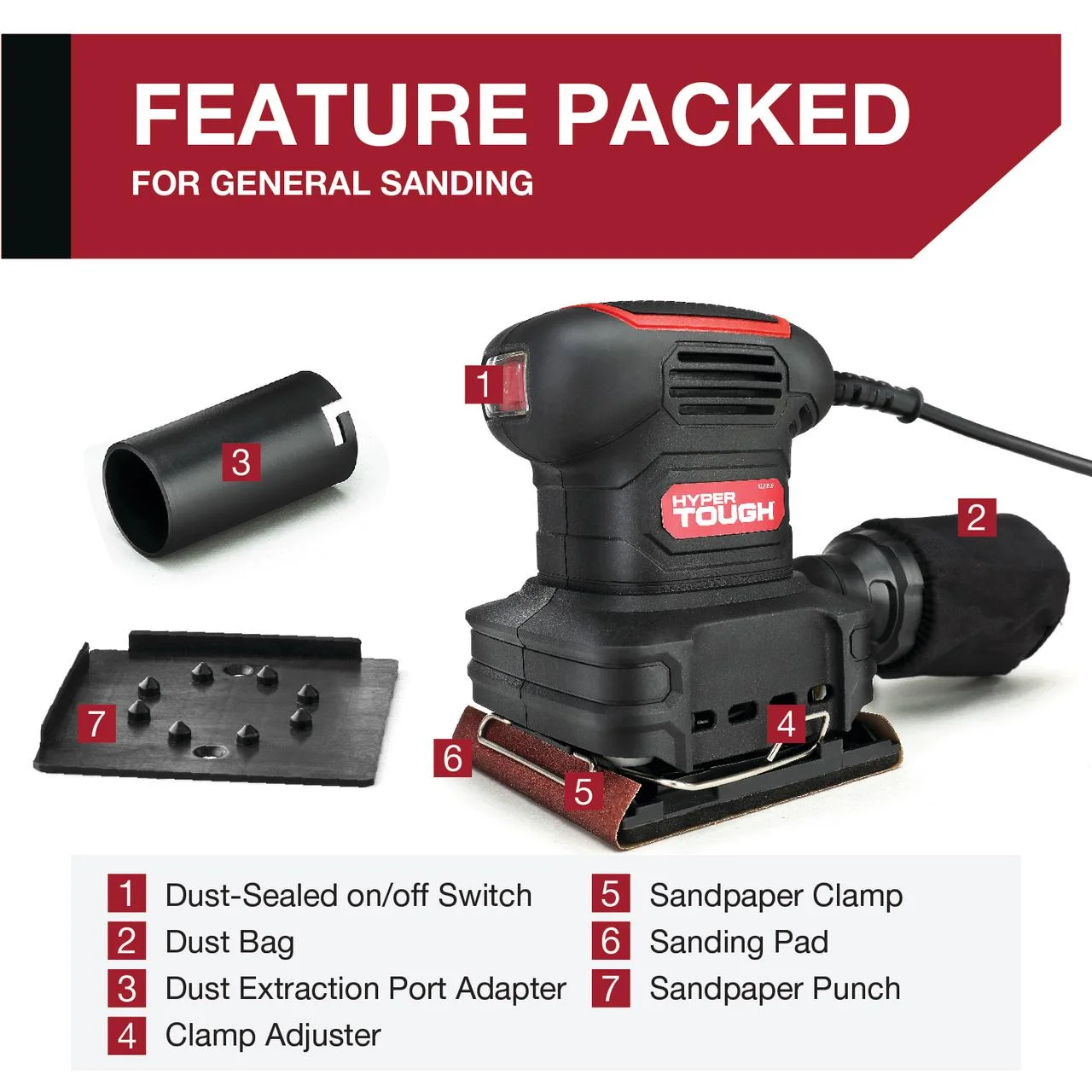 Hyper Tough 2 Amp Corded 1/4 Sheet Palm Sander with Dust Bag, Vacuum Hose Adapter, Punch Plate & 3 Sanding Sheets (60, 80 & 120 Grit) - Inhomebuy