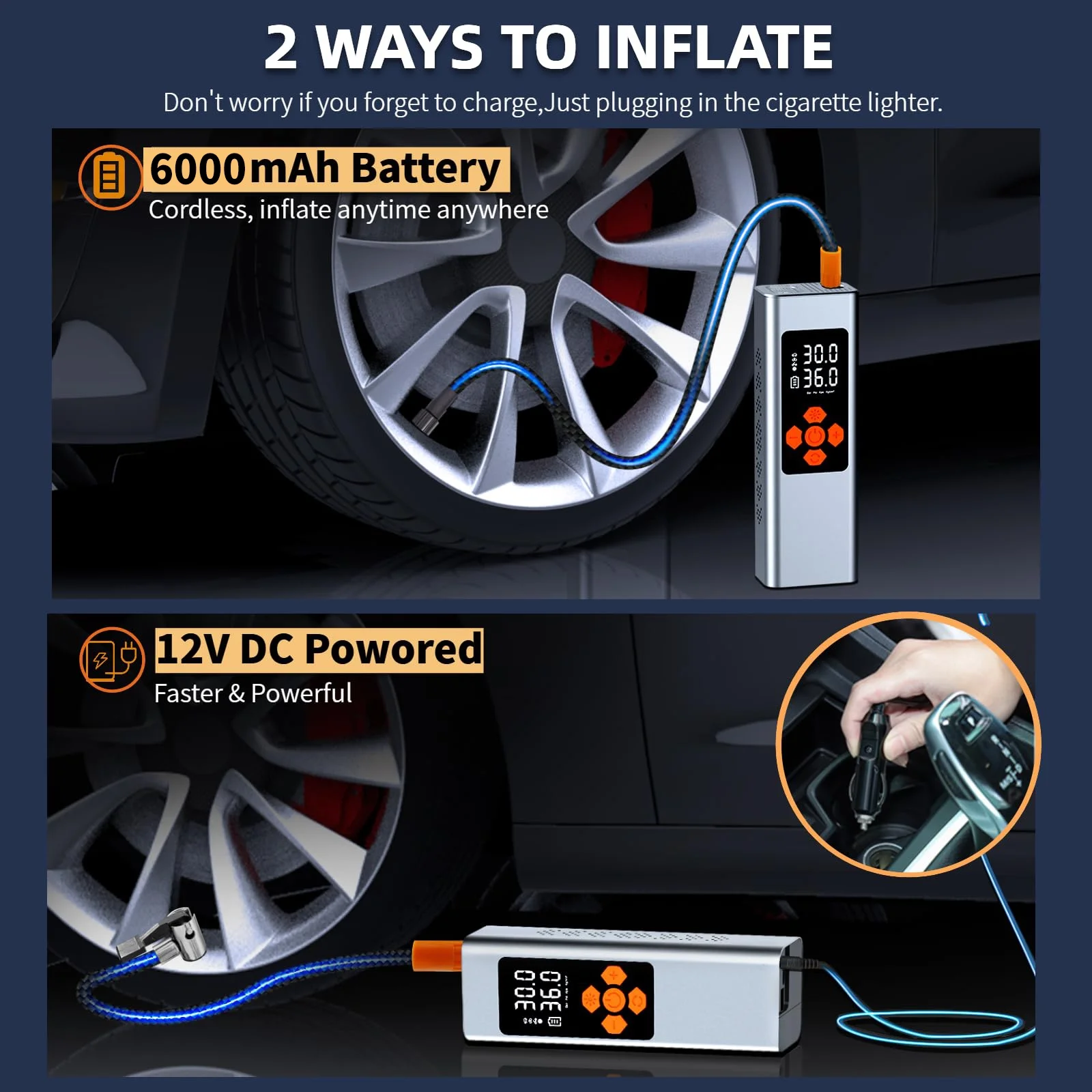 Carluck Tire Inflator Portable Air Compressor, 150 Psi Cordless Air Pump, with Automatic Shutoff, Rechargeable Battery & 12V DC, LED Light - Inhomebuy