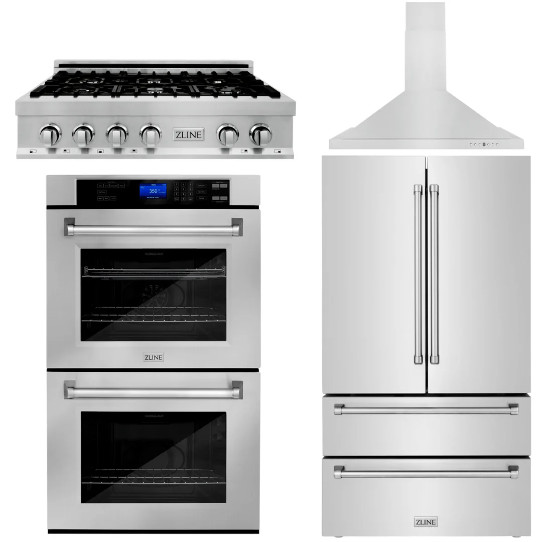 ZLINE 4-Piece Appliance Package - 36 In. Rangetop, Range Hood, Refrigerator, and Double Wall Oven in Stainless Steel, 4KPR-RTRH36-AWD - Inhomebuy