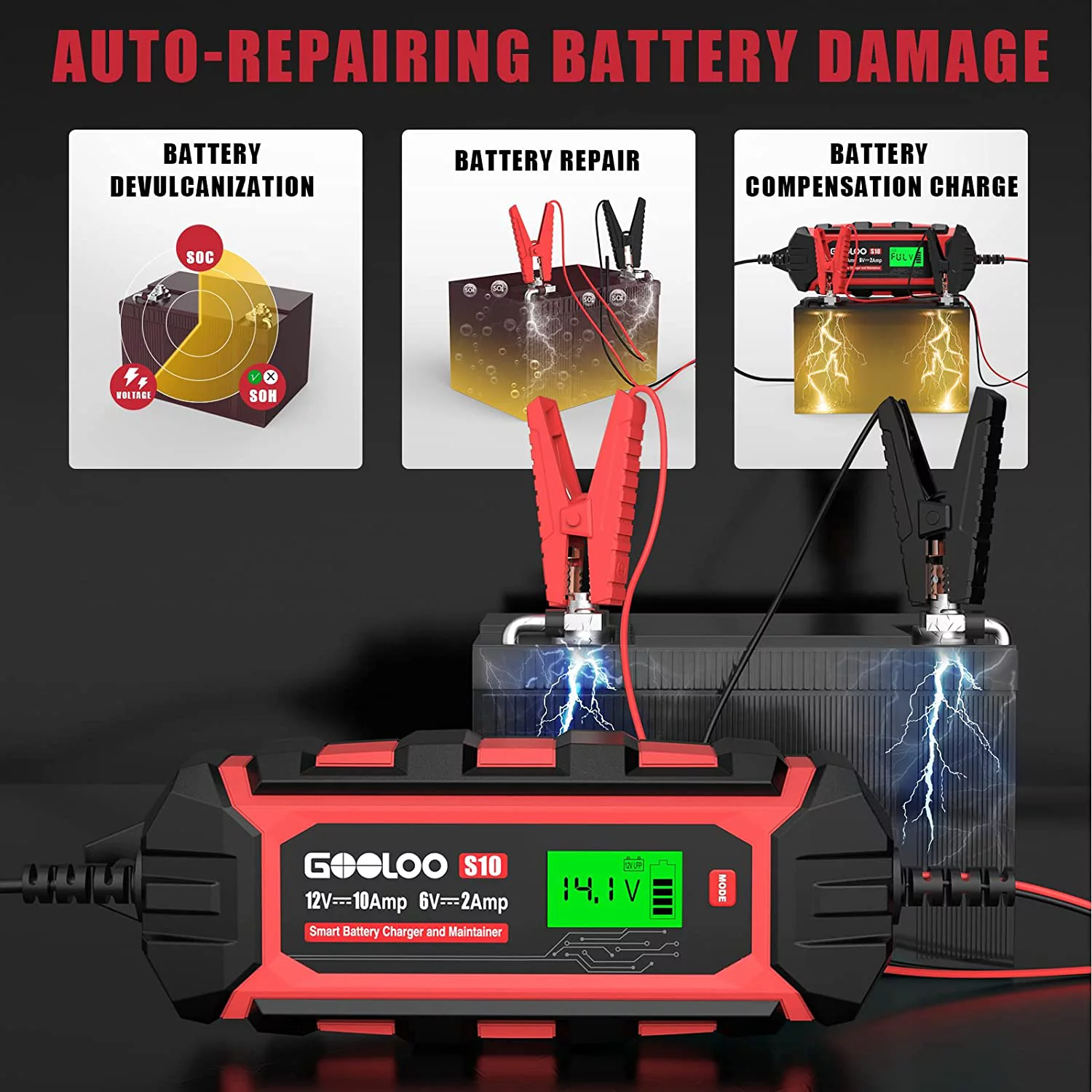 GOOLOO 6A Automotive Battery Charger,6 Amp 6V 12V(Up to 150Ah)Battery Charger and Maintainer Smart Trickle Charger Portable with LCD Display Pulse Repair for Vehicles - Inhomebuy