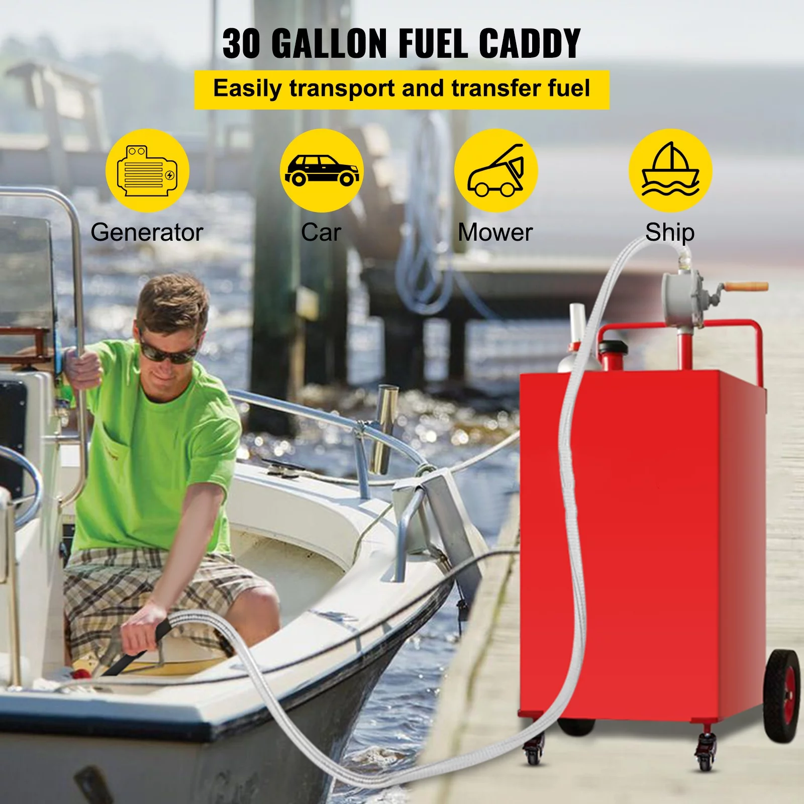 BENTISM Fuel Caddy, 30 Gallon, Gas Storage Tank & 2 Wheels, with Manuel Transfer Pump, Gasoline Diesel Fuel Container for Cars, Lawn Mowers, ATVs, Boats, More, Yellow - Inhomebuy